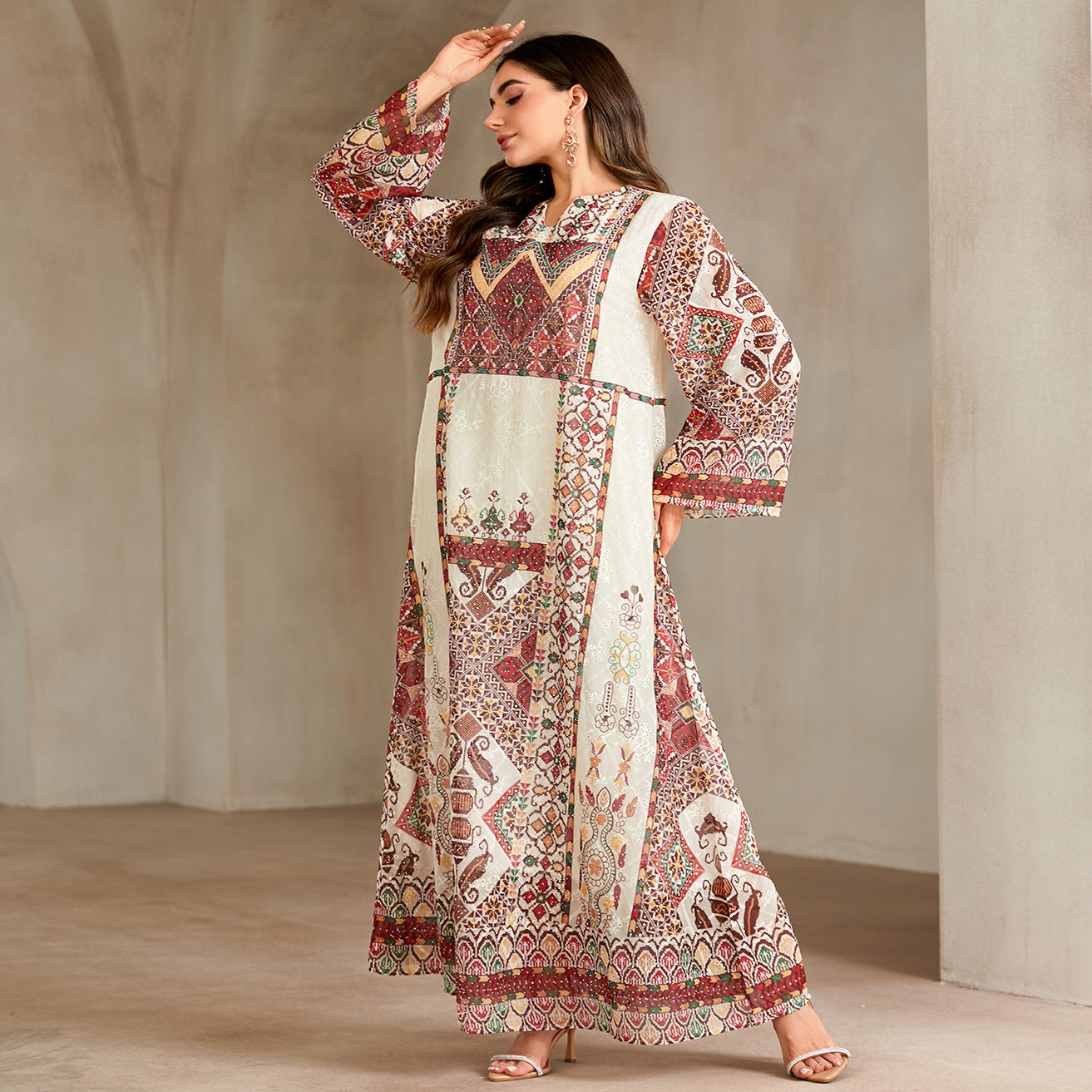 Vintage Ethnic Print Rhinestone Embellished Gown Jalabiya Modest Loose Long Maxi Dress for Muslim Women Eid Ramadan S-XXL