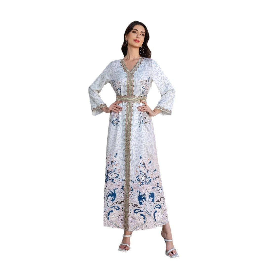White Lace-Trim Beaded Abaya Robe - Modest Muslim Dress Women