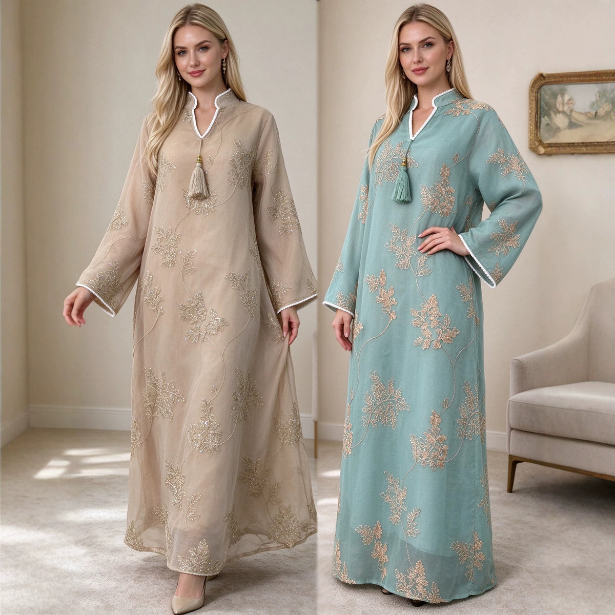 Graceful Mandarin Collar Mesh Embroidered Kaftan Dress with Tassel Detail Modest Maxi Gown for Muslim Women Banquet - 309