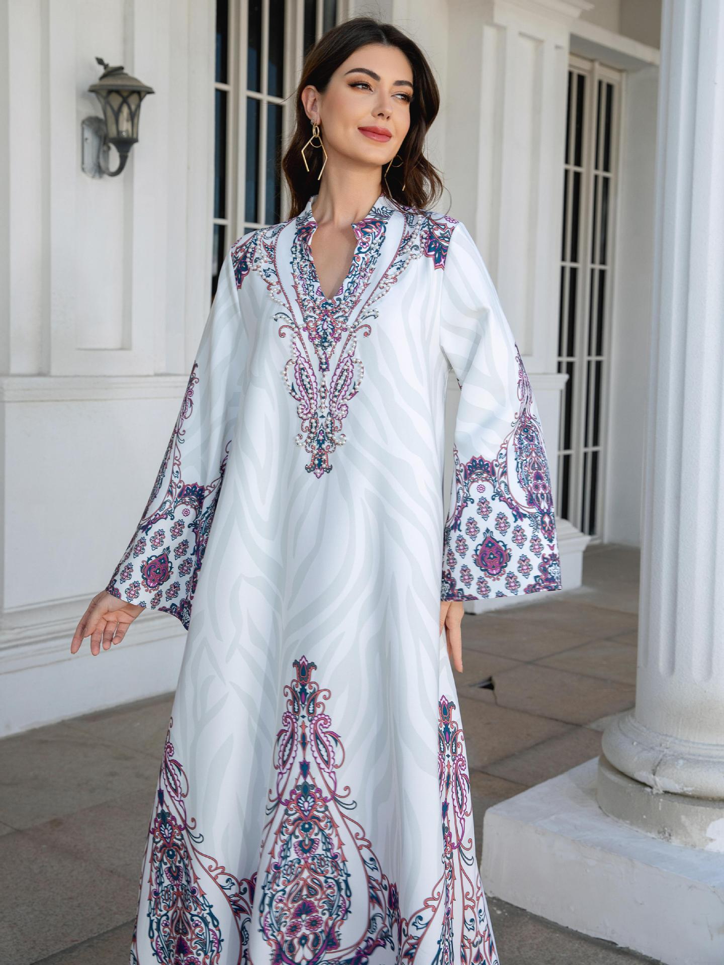 White Floral Print Mandarin Collar Rhinestone Plus Size Maxi Abaya