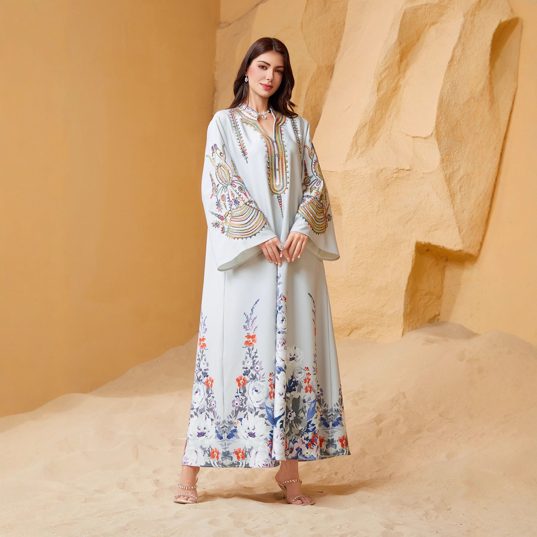 Deep Navy Solid Plain Premium Arabian Craft Open Front Modest Outer Tunic Rich Airflow Light Single Layer Chiffon Textile Zero Embroidery Minimalist Clean Plain Fabric Shallow V Notch Open Neckline Full Front Thin Metallic Trim Without Decor Buttons