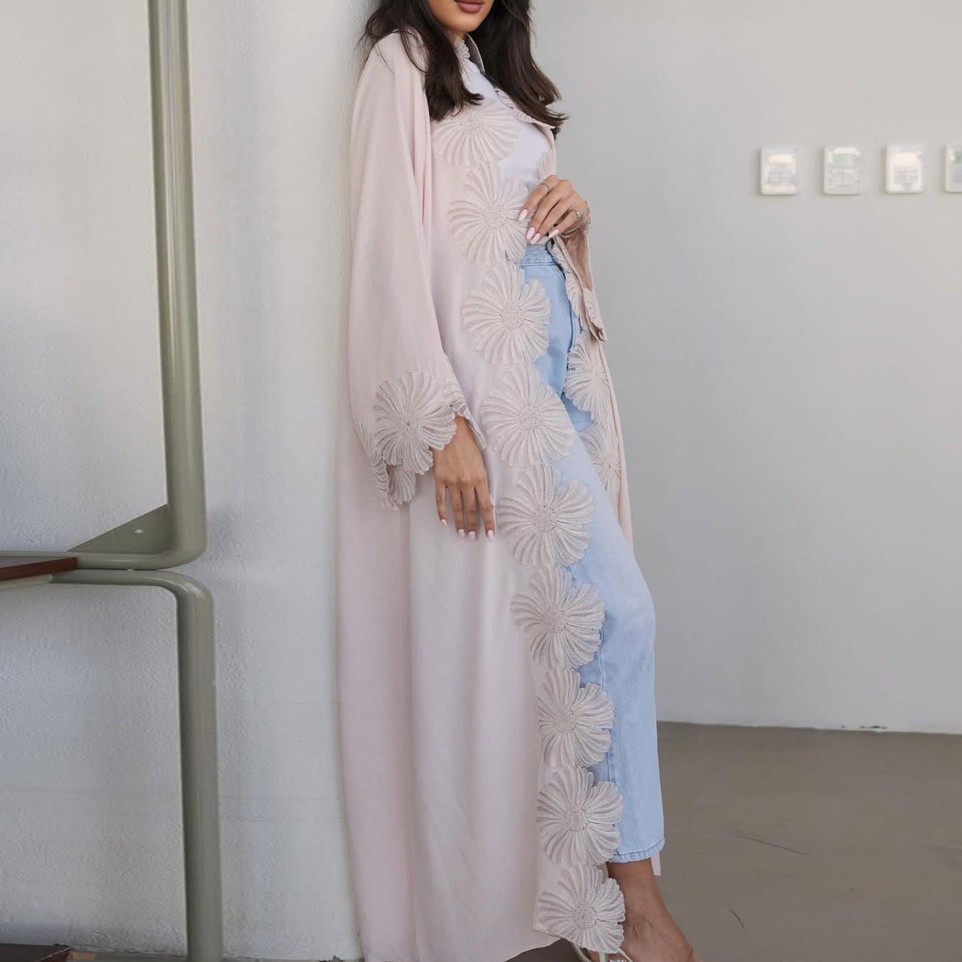 Pink Floral Applique Embellished Open Long Maxi Abaya Dress - Plus Size