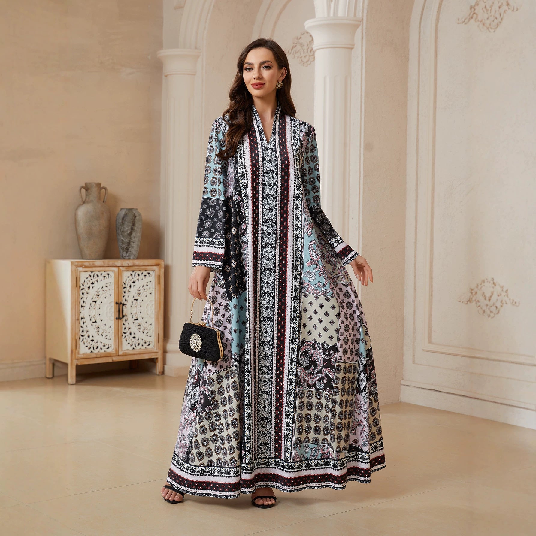 Floral V-Neck Long Sleeve Abaya - Modest Muslim Dress Ramadan Eid