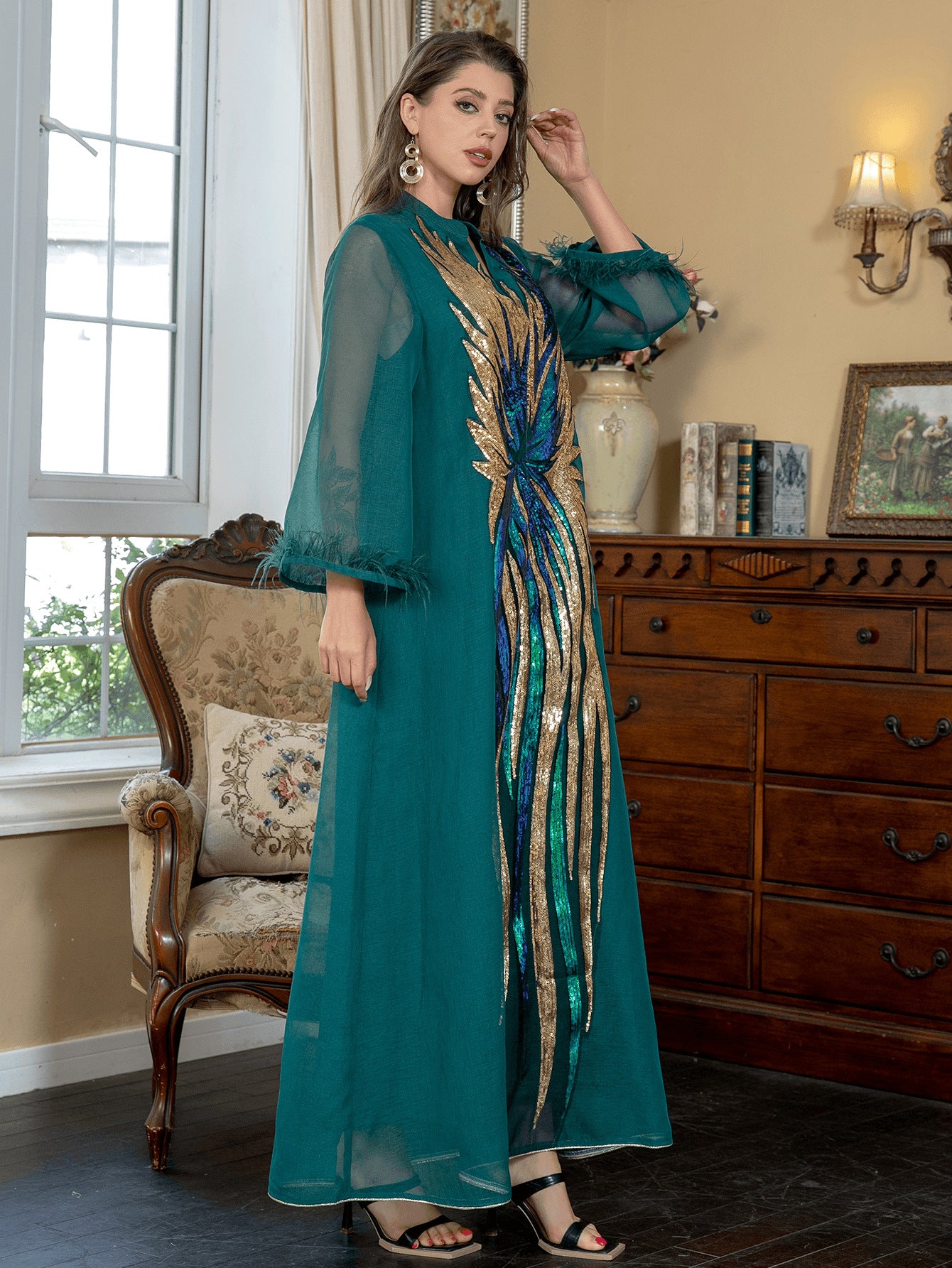 Dark Green Heavy Peacock Feather Sequin Embroidery Abaya Tulle Fringe Sleeve Dubai Modest Muslim Evening Maxi Gown