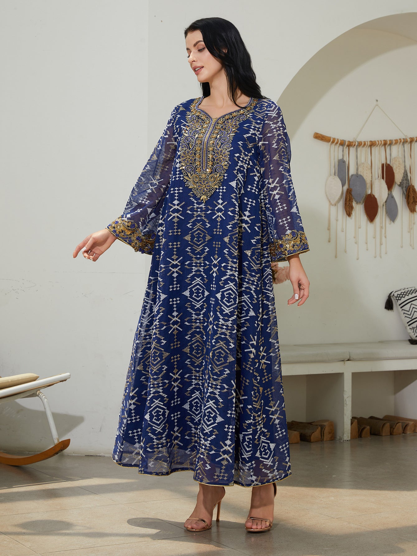 Charming Blue Mesh Kaftan – Embroidered Modest Maxi Dress