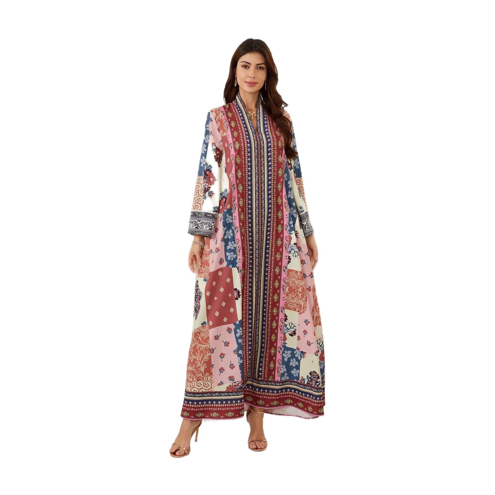 Exquisite Floral V-Neck Abaya – Ethnic Modest Maxi Dress