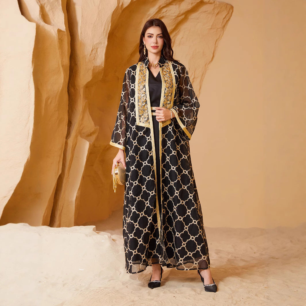 Women 2 Piece Black Gold Geometric Lattice Jacquard Sheer Lapel Collar Gold Floral Embroidery Open Kimono Outer Robe Belted Solid Black Inner Maxi Dress Gulf Luxury Layering Dubai Abaya Set For Eid Al Fitr Ramadan Nikkah Wedding Banquet