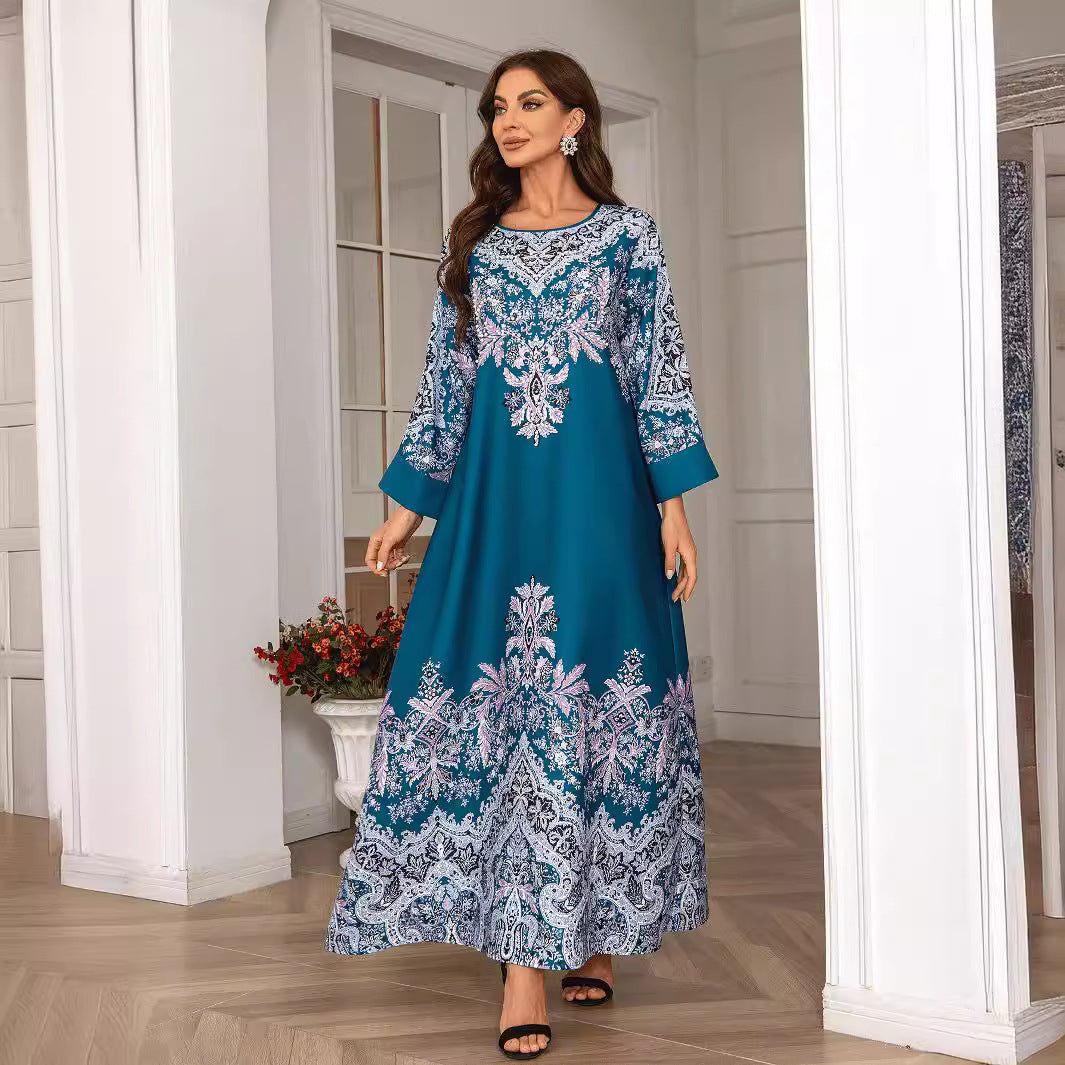 Peacock Blue Rhinestone Pleated Abaya - Elegant Modest Muslim Dress