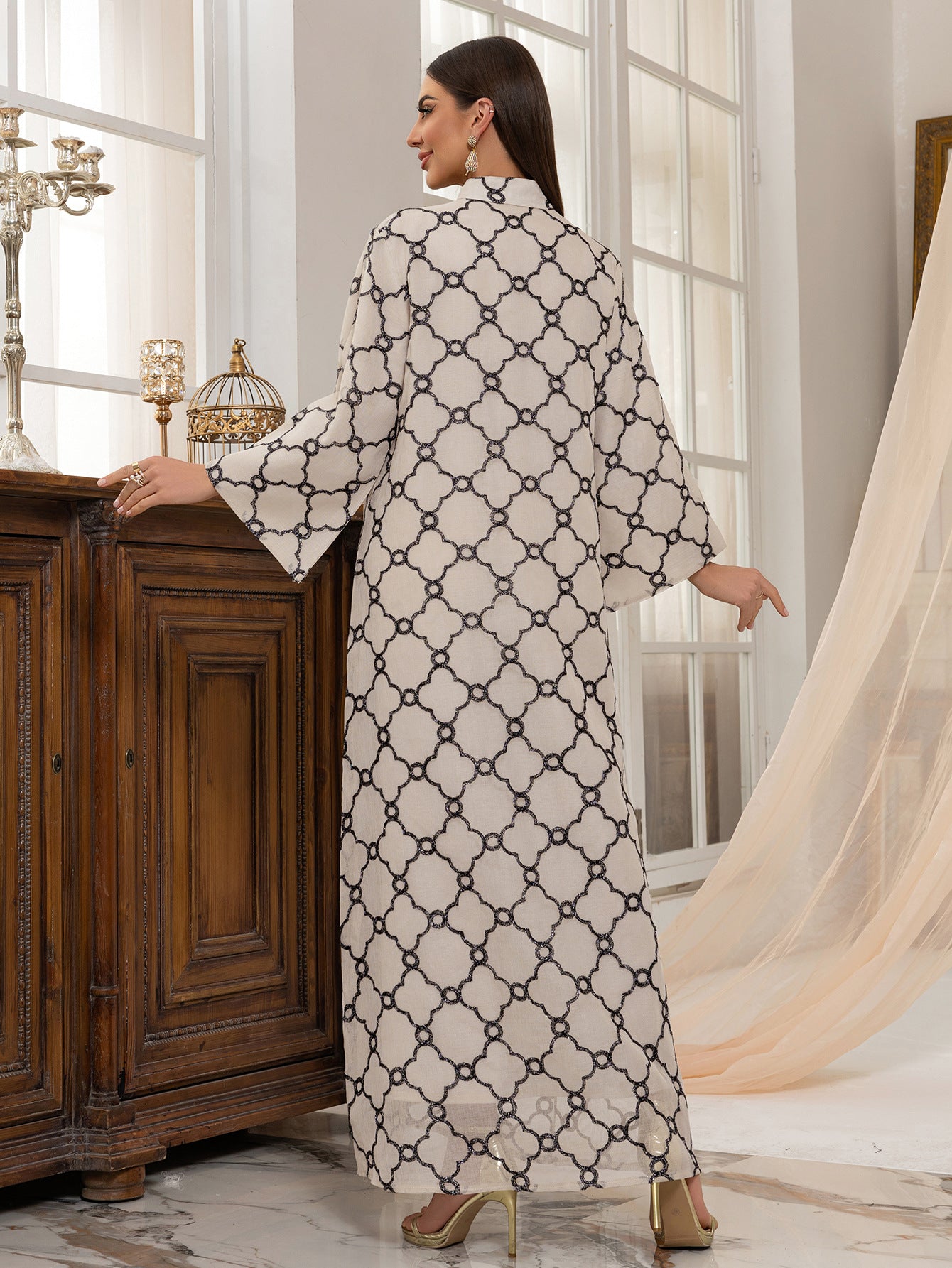 Apricot and Black Beaded Leaf Embroidered Maxi Abaya Dress Jalabiya Modest Long Dress for Muslim Women Eid Ramadan Daily Wear S-XXL