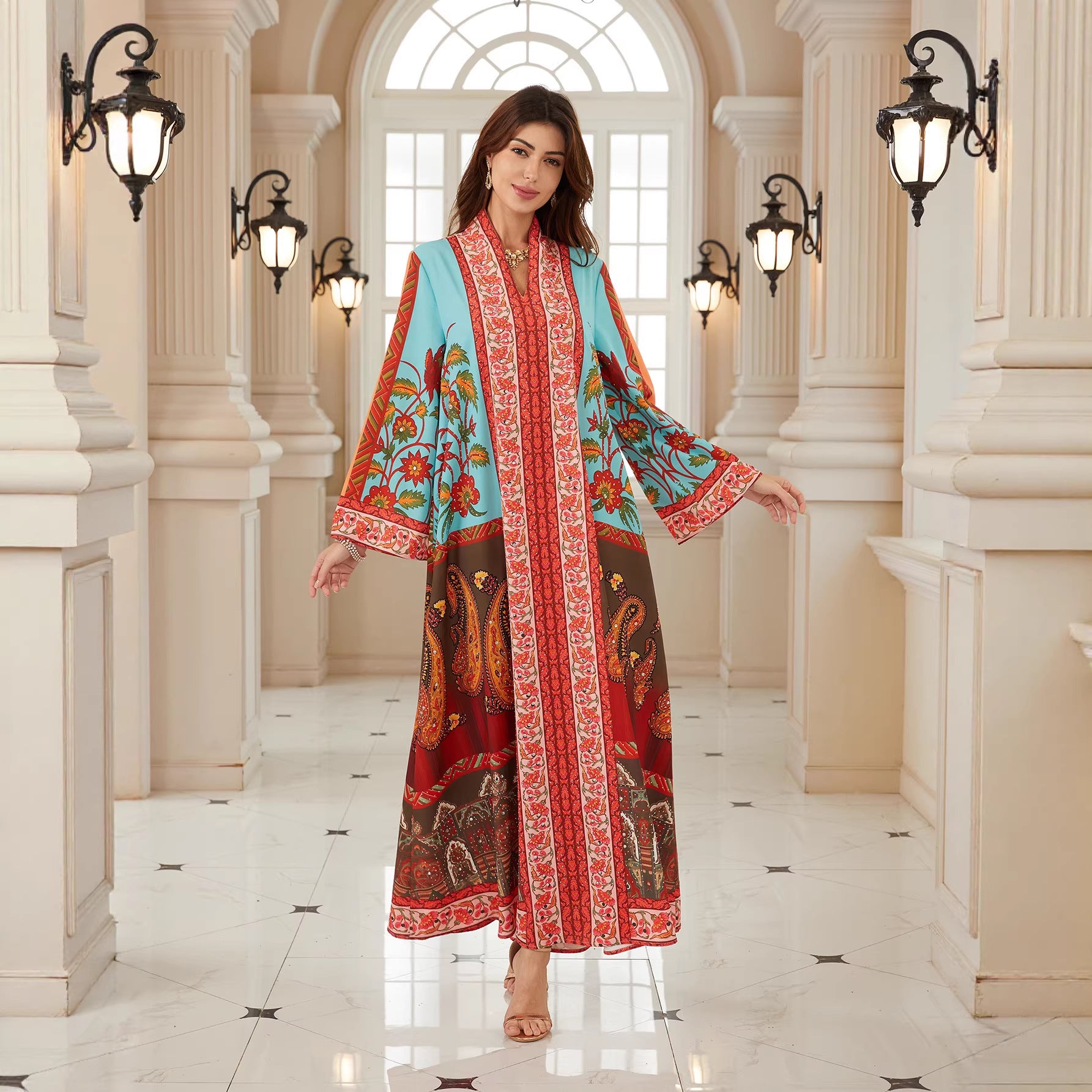 Radiant Floral V-Neck Kaftan – Elegant Modest Maxi Dress