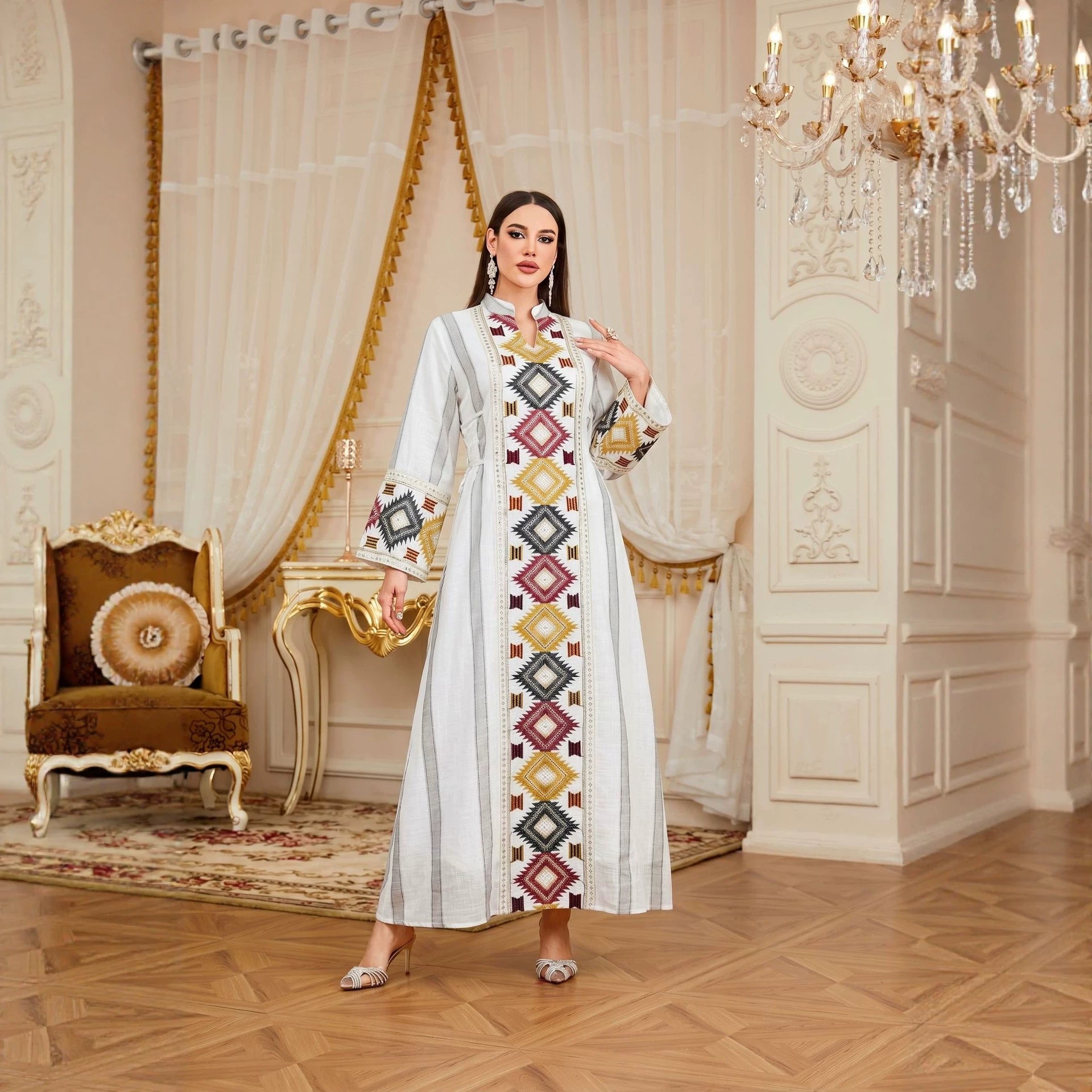 Embroidered Striped Patchwork Belted Gown Jalabiya Modest Slimming Long Maxi Dress for Muslim Women Eid Ramadan S-XXL