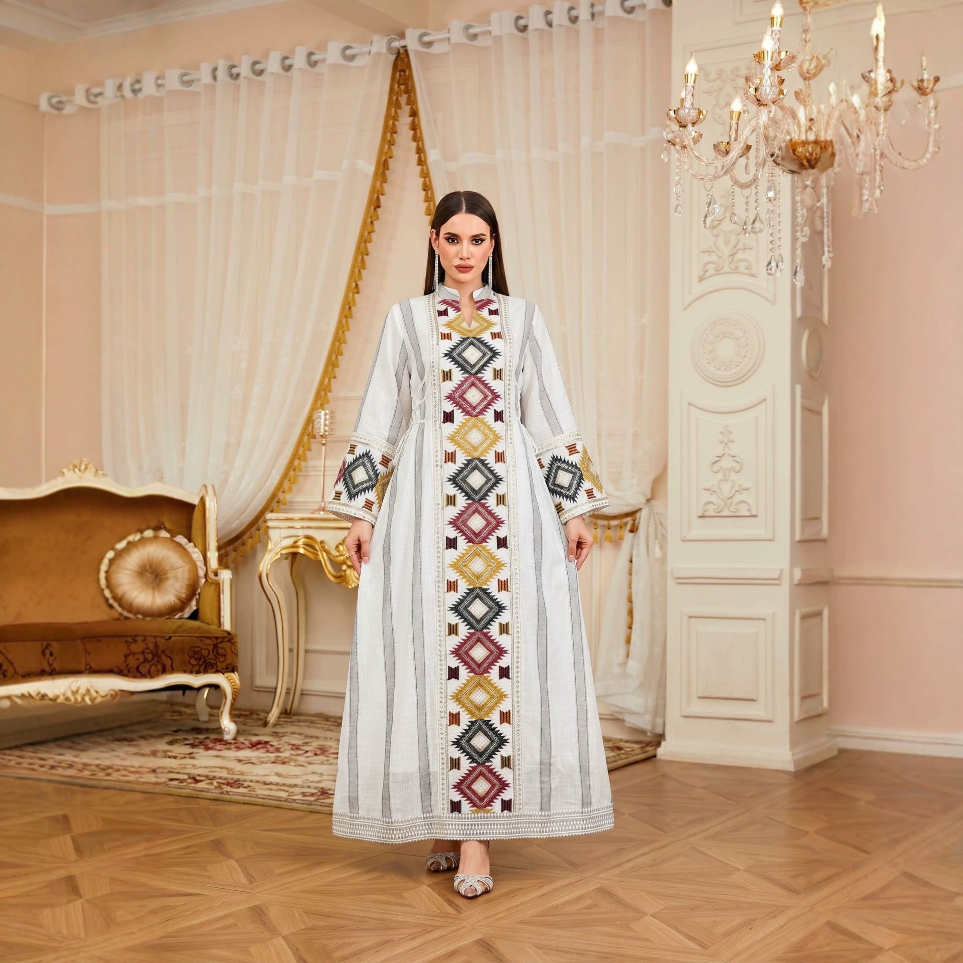 Embroidered Striped Patchwork Belted Gown Jalabiya Modest Slimming Long Maxi Dress for Muslim Women Eid Ramadan S-XXL
