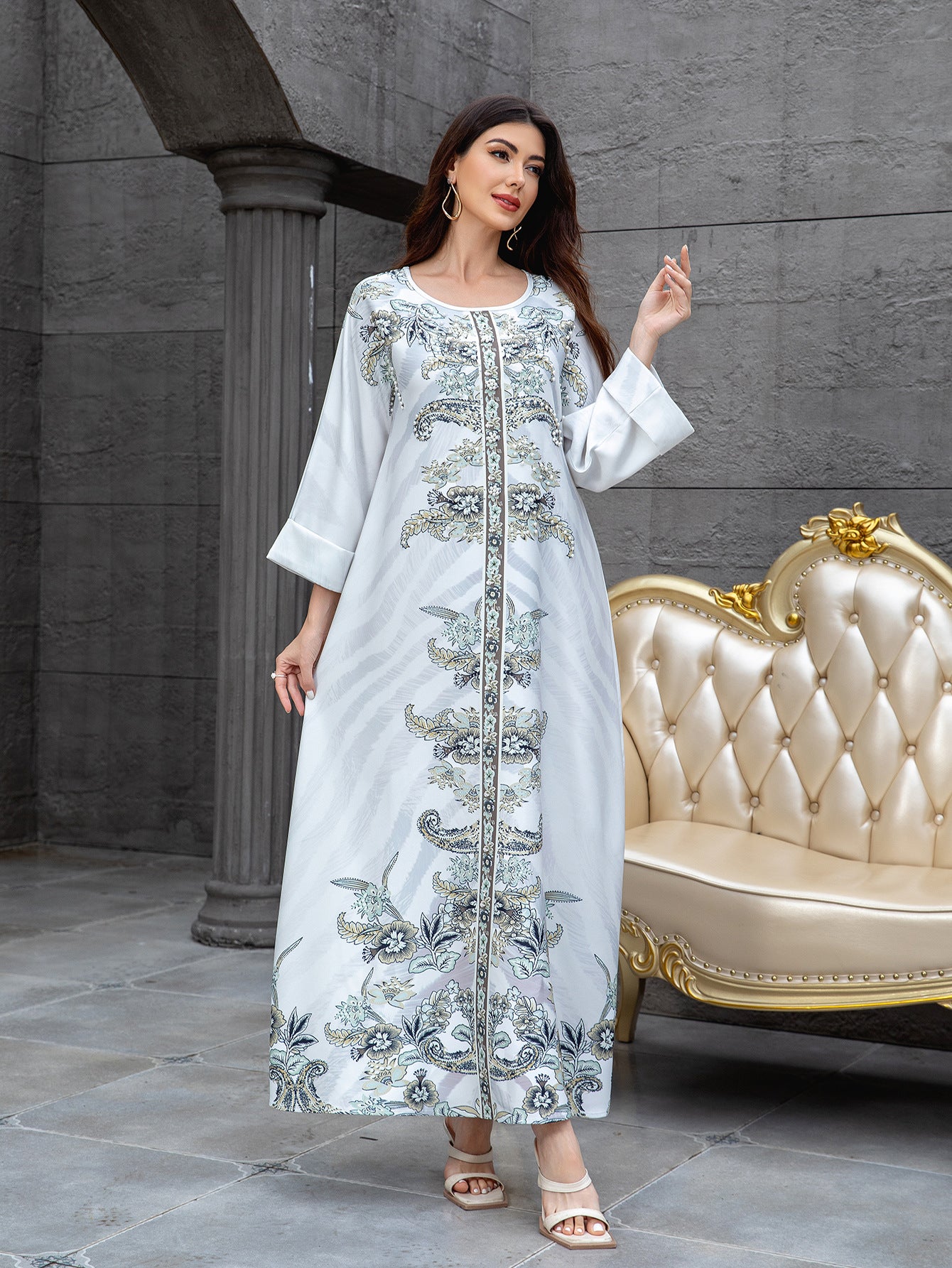 Light Grey Rhinestone Beaded Floral Maxi Abaya Dress