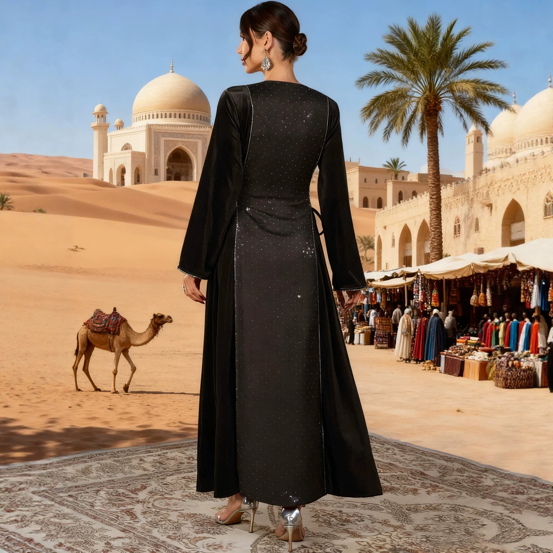 Dark Brown Wine Red and Black Rhinestone Pullover Maxi Abaya Dress Jalabiya Modest Long Dress for Eid Ramadan Evening Party Gown S-XXL