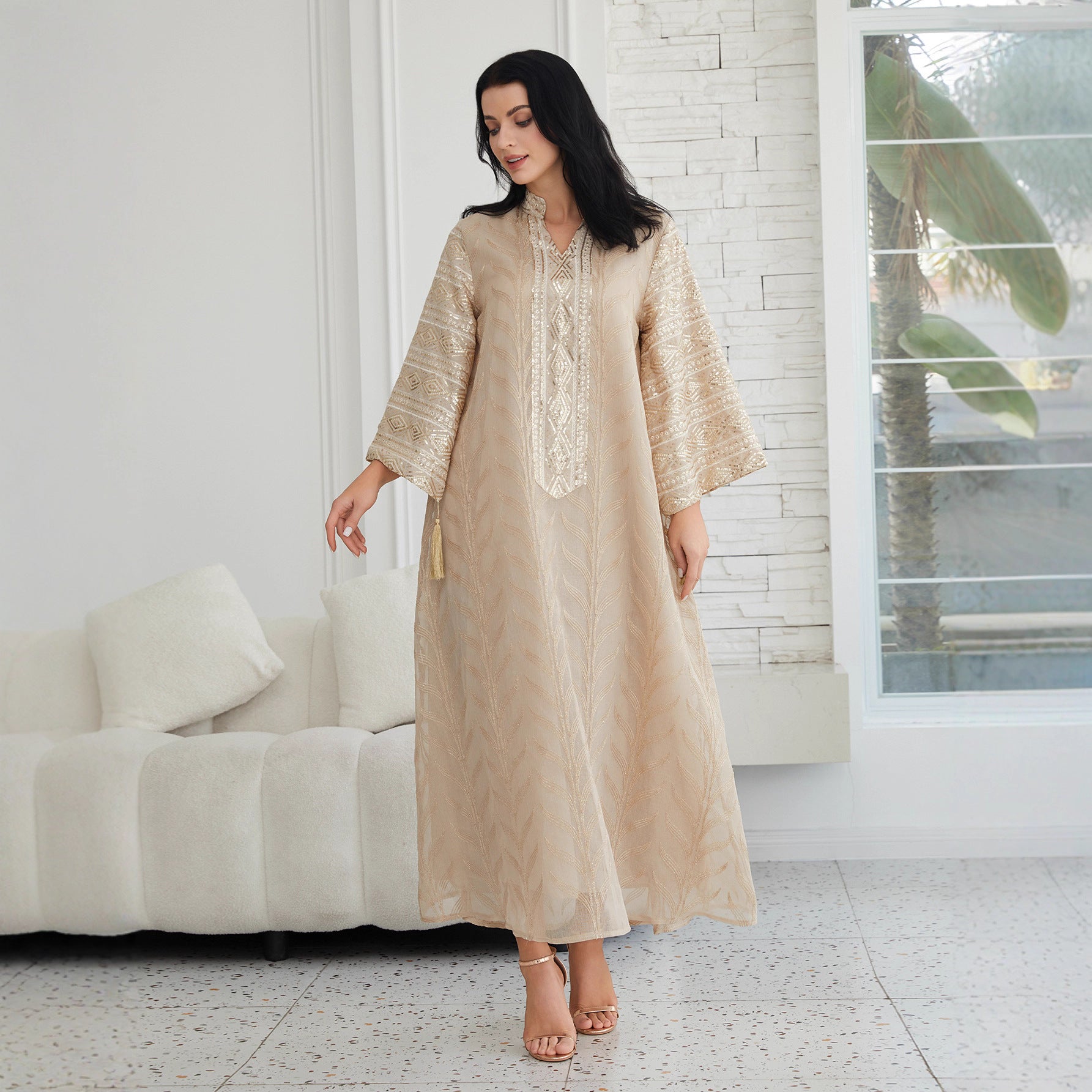 Stunning Apricot Beaded Sequin Evening Abaya Maxi Robe Eid Ramadan