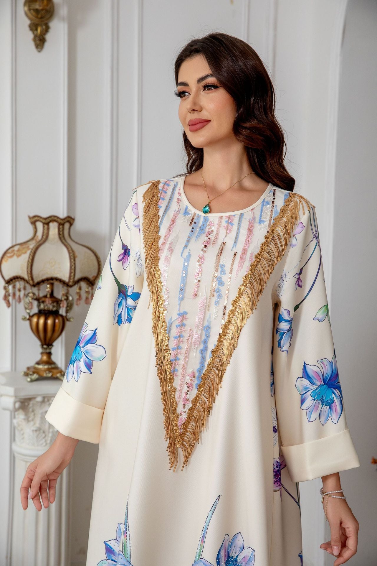 Ivory Printed Evening Abaya - Modest Party Dress Long Robe