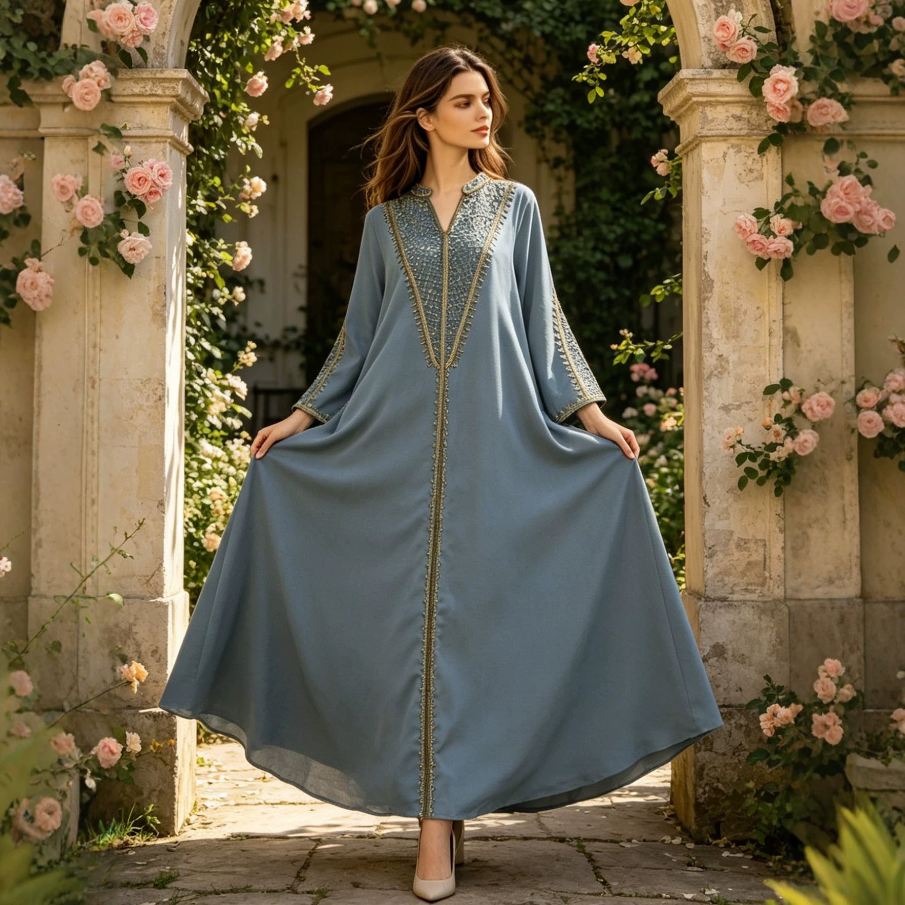 Sea Blue and Navy Heavy Gold Thread Embroidered Maxi Dress