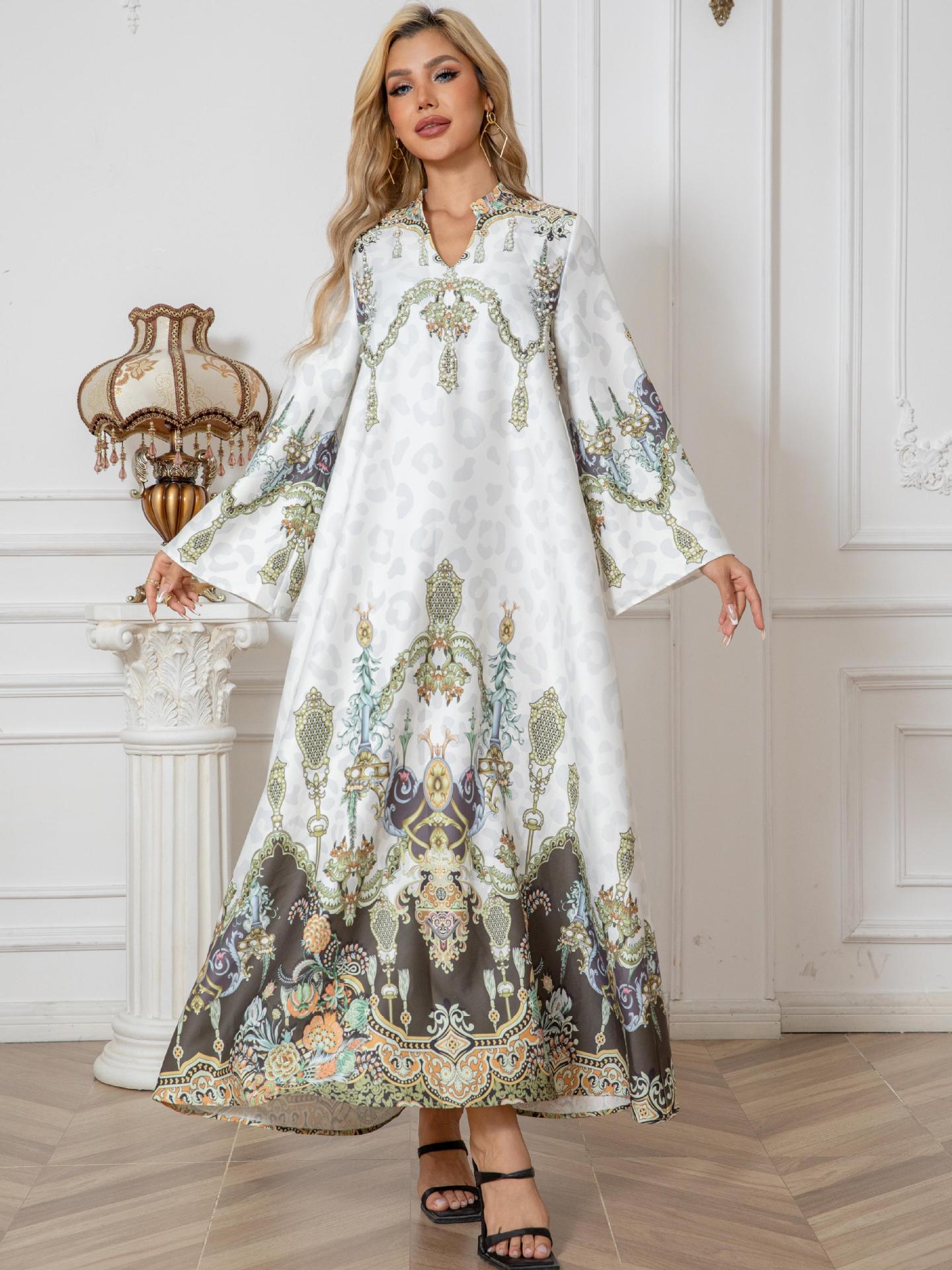 White Printed Beaded Maxi Dress - Modest Muslim Gown for Women