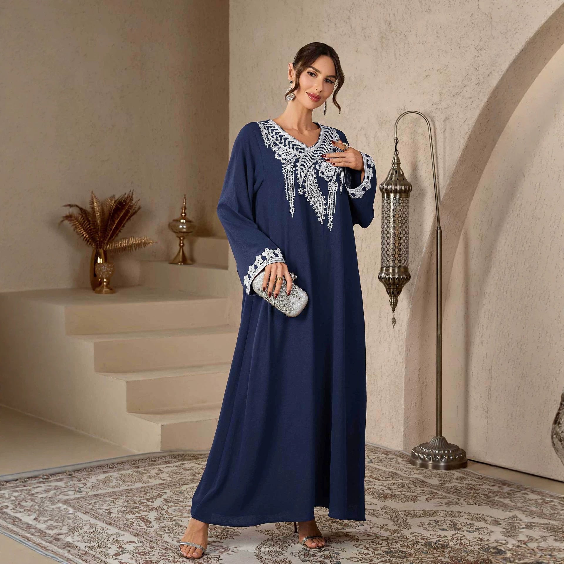V-Neck Embroidered Kimono Abaya Maxi Dress Muslim Women Modest Long Jalabiya Kaftan Gown for Eid Ramadan Daily