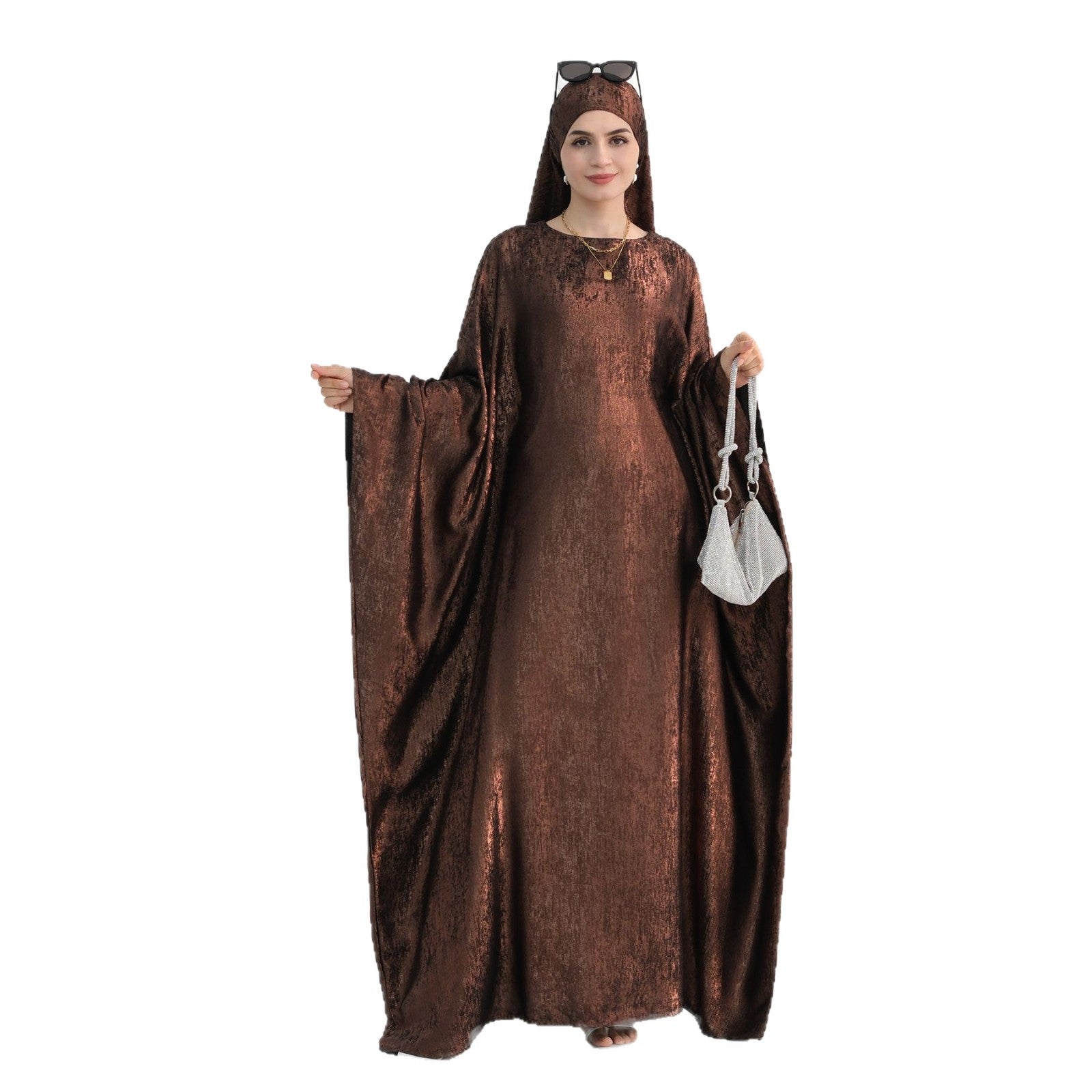 Coffee and Pink Gold Foil Batwing Sleeve Round Neck Maxi Abaya Dress - Free Size