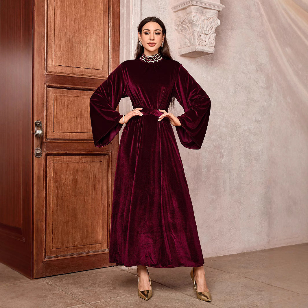 Embroidered Flare Sleeve Kaftan Dress with Belt Zipper Front Modest Long Maxi Jalabiya for Muslim Women Eid Daily Wear S-XL