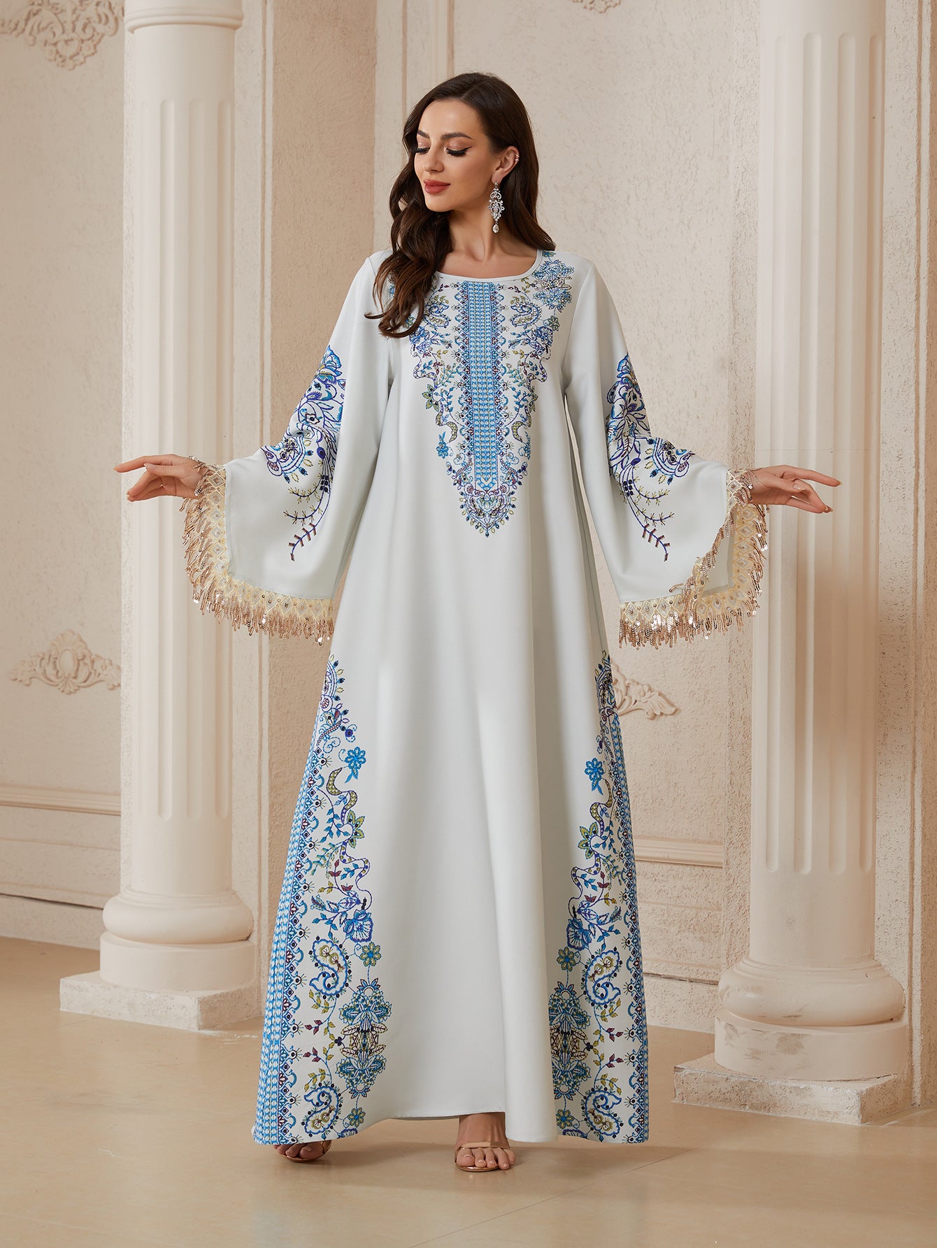 Women Stand Collar V Notch All-Around Floral Print Abaya Gold Sequin Fringe Wide Flare Sleeve Maxi Jalabiya Pastel Mint Silky Modest Gown For Eid Mubarak Ramadan Wedding Evening Party