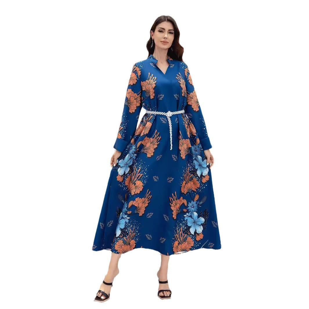 Navy Floral Print Pearl Belt Maxi Abaya Dress - Plus Size Modest
