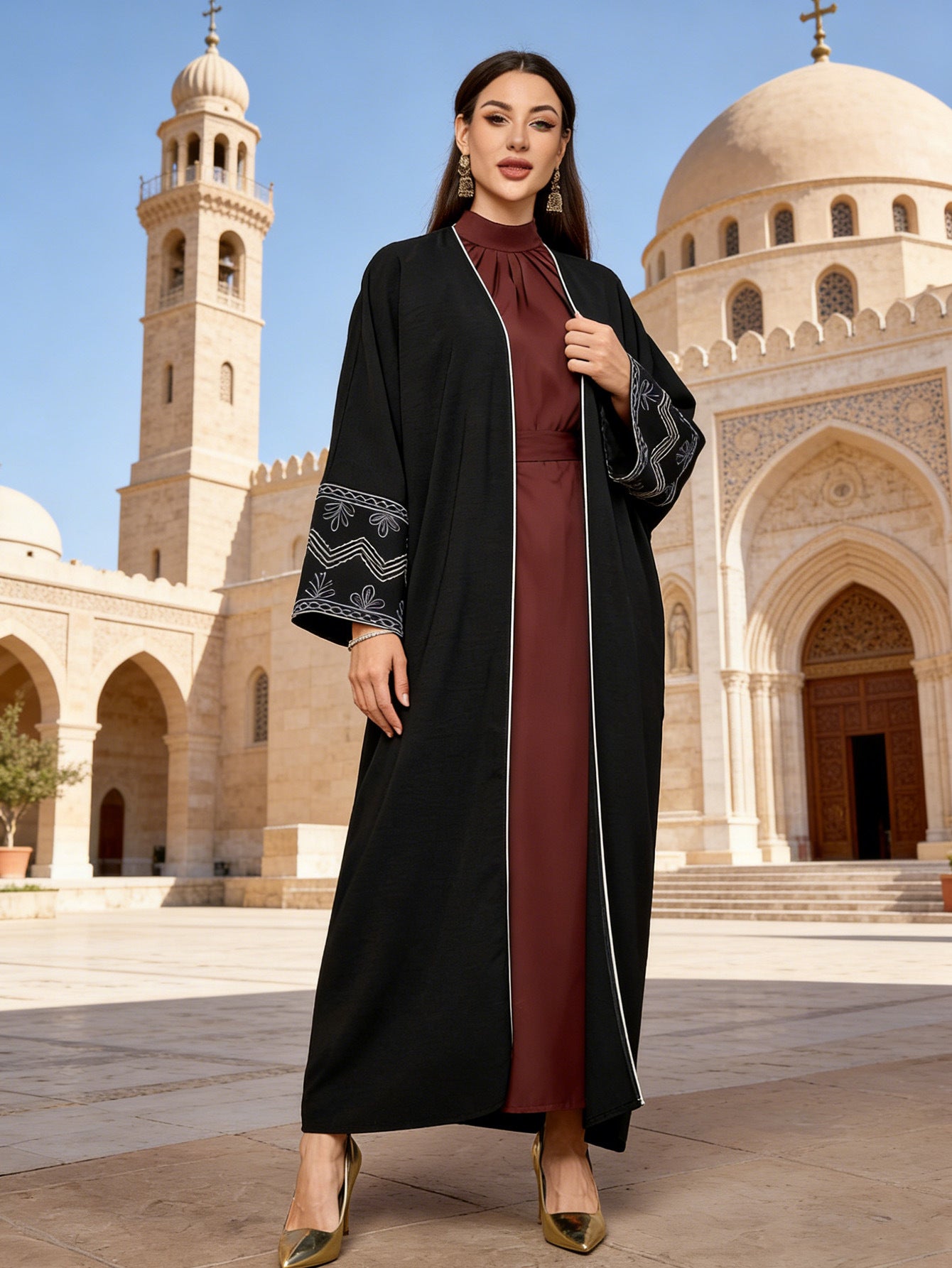 Black Embroidered Open Cardigan Modest Maxi Abaya - Free Size