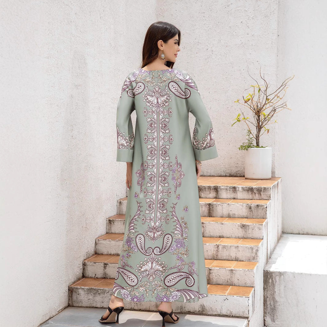 Silver Rhinestone V-Neck Printed Abaya Dress - Turn-Back Sleeve Modest Maxi