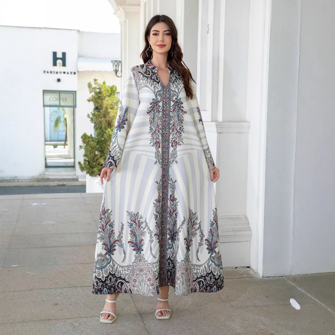 White Floral Print Mandarin Collar Rhinestone Embroidered Maxi Abaya