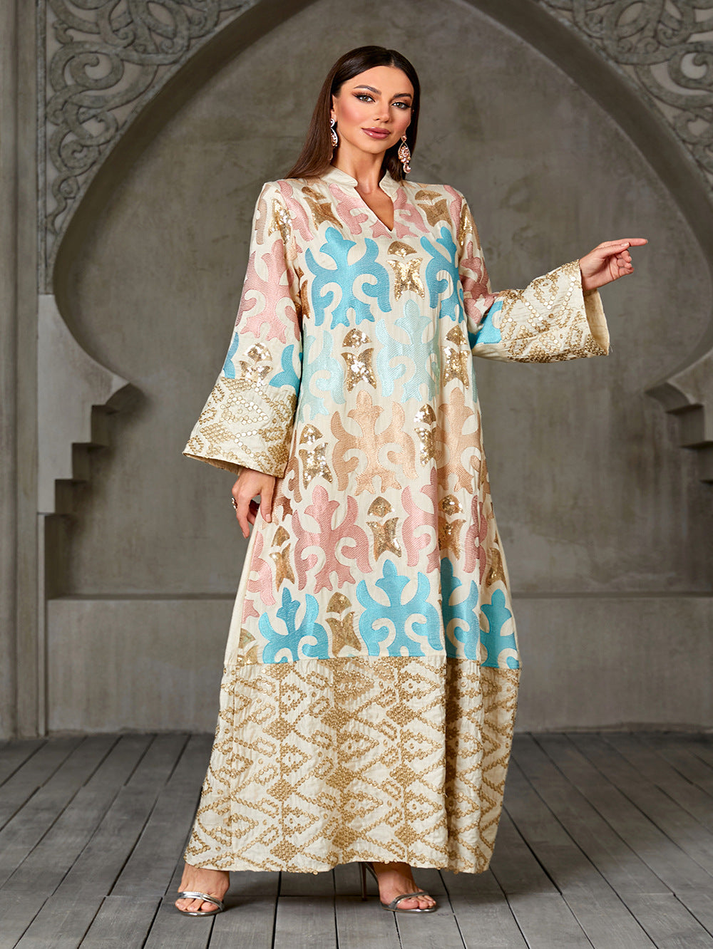Apricot Sequin Embroidered Patchwork Beaded Long Jalabiya Modest Maxi Dress for Muslim Women Eid Ramadan Robe Gown with Lace Trim
