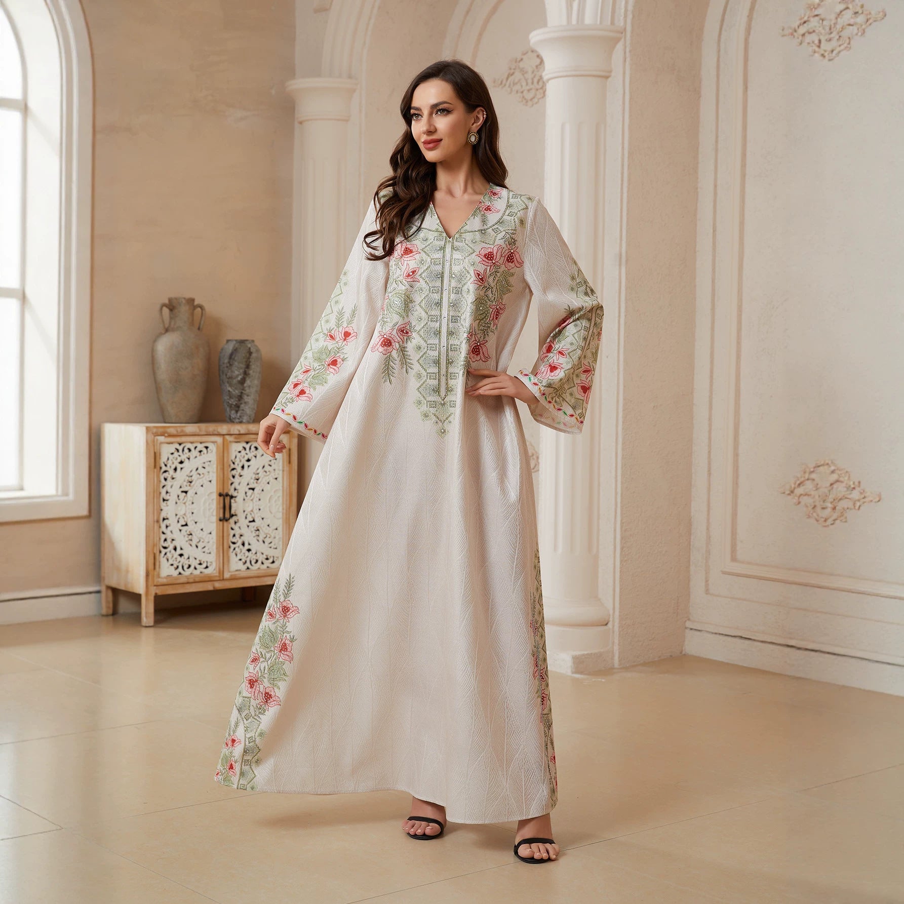 Summer Breathable Nida Fabric Off White Jalabiya Full Body Multicolor Leaf Floral Embroidery Front Zip Split Neck Flowy Wide Sleeve Plus Size Modern Modest Gulf Women Couture Kaftan For Wedding Ramadan Daily Outing