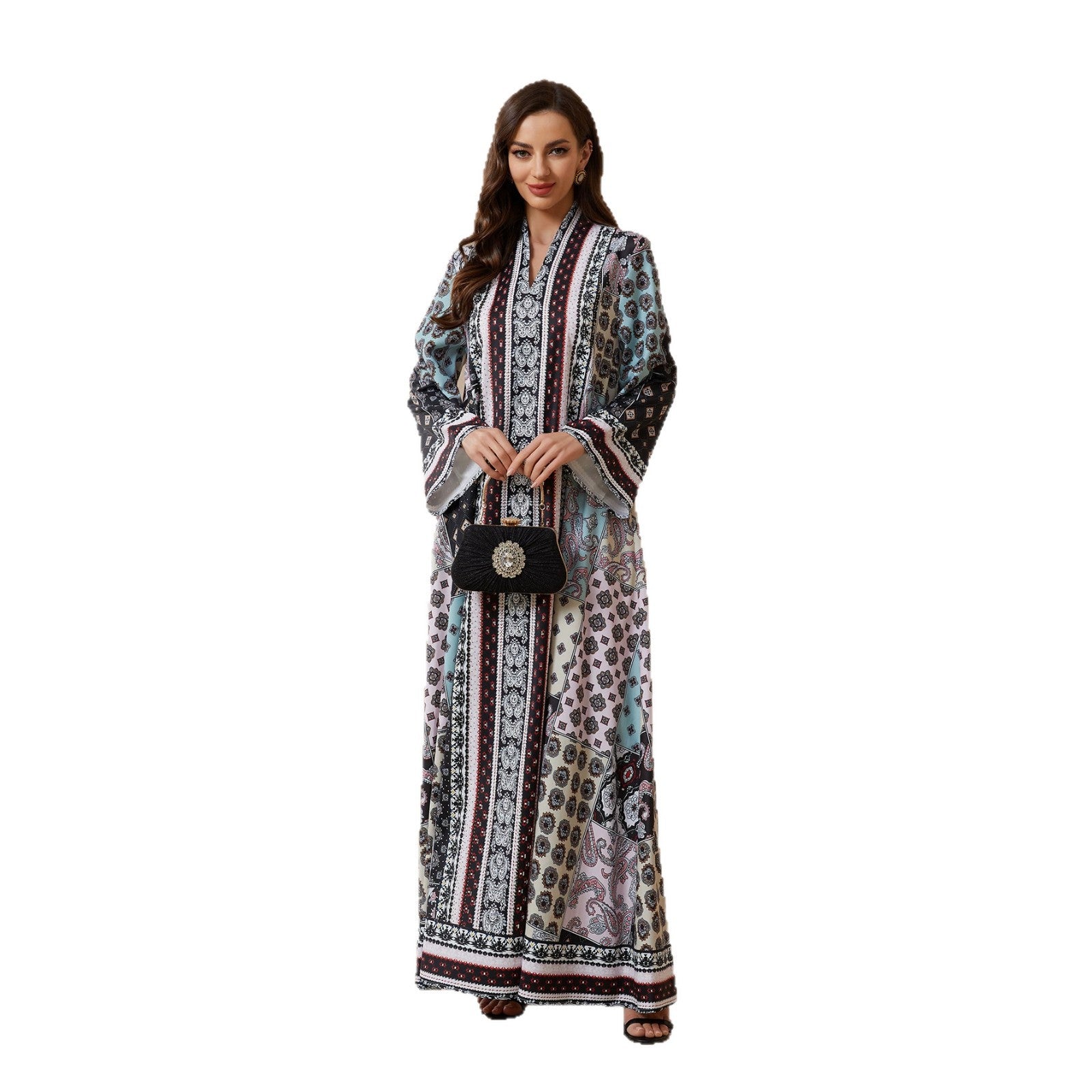 Floral V-Neck Long Sleeve Abaya - Modest Muslim Dress Ramadan Eid