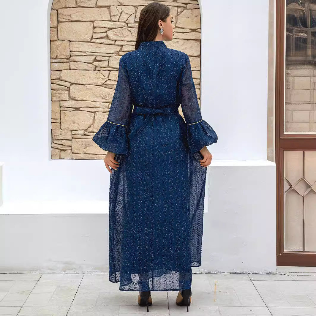 2026 Couture Embellished Plus Size Modest Abaya Deep Blue Sparkling Mesh Fabric Elegant Gold Floral Peacock Applique Stand Collar Bell Sleeve Belted Maxi Dress Premium Pan-Arab Attire For Curvy Ladies Ramadan Socials & Seasonal Wedding Occasions