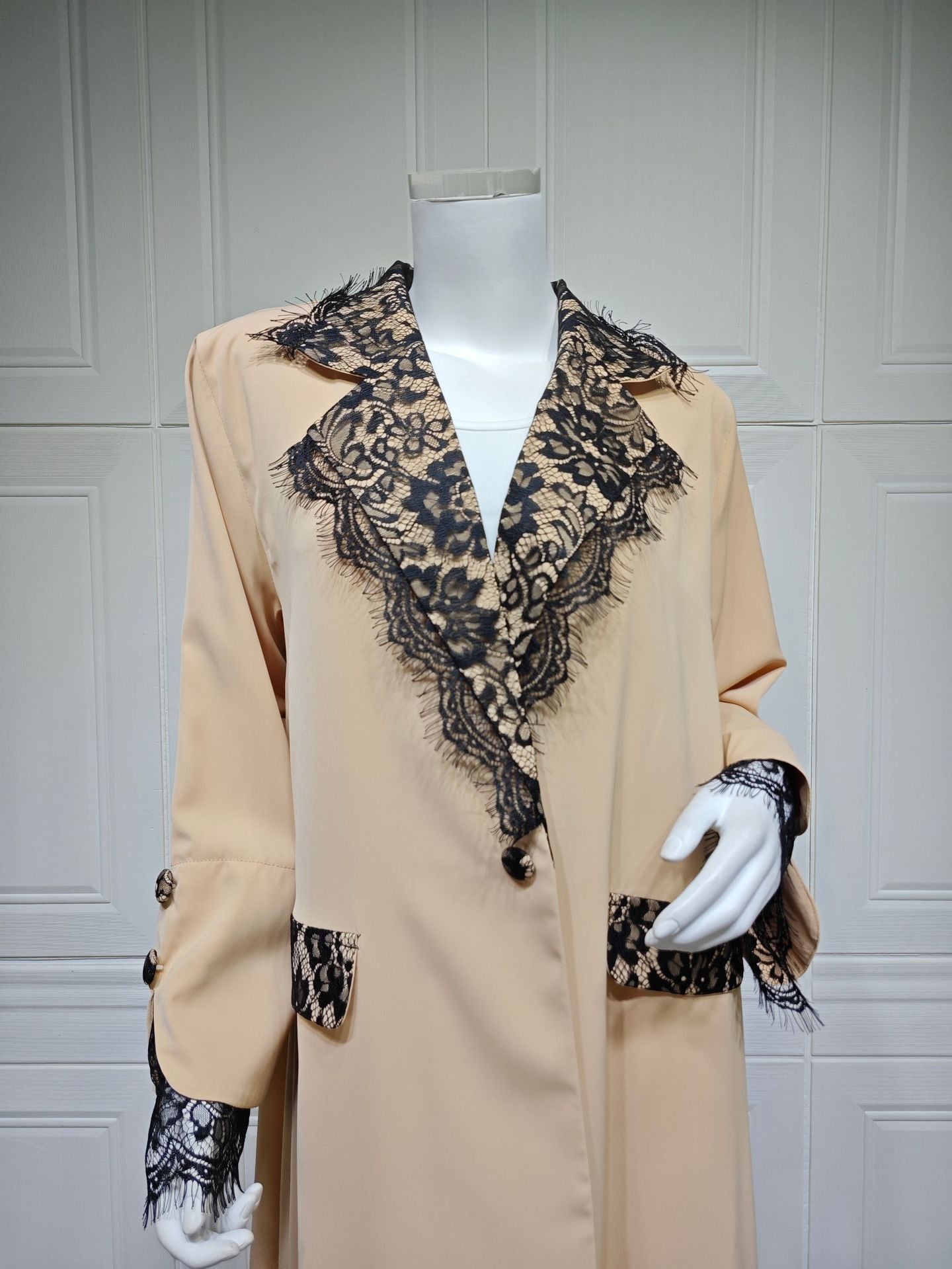 Apricot Lace Trim Open Front Long Sleeve Maxi Abaya Cardigan - Plus Size