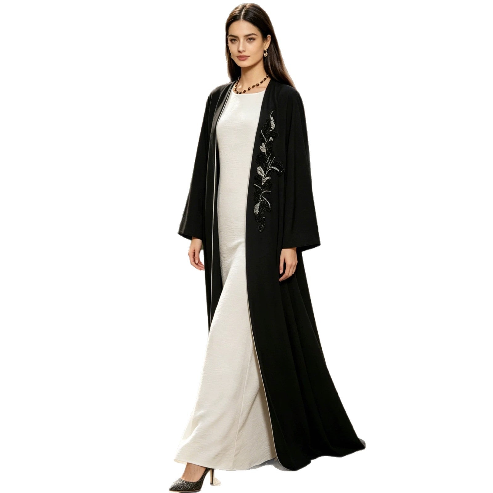 Black Beaded Embroidered Open Cardigan Maxi Abaya Jalabiya Long Dress for Muslim Women Eid Ramadan Banquet Gown S-XXL