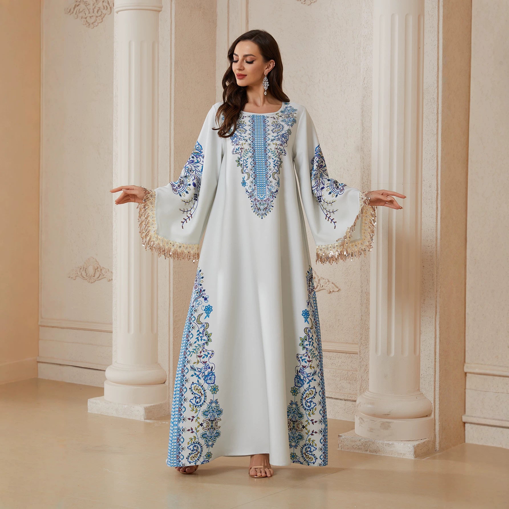 Women Stand Collar V Notch All-Around Floral Print Abaya Gold Sequin Fringe Wide Flare Sleeve Maxi Jalabiya Pastel Mint Silky Modest Gown For Eid Mubarak Ramadan Wedding Evening Party