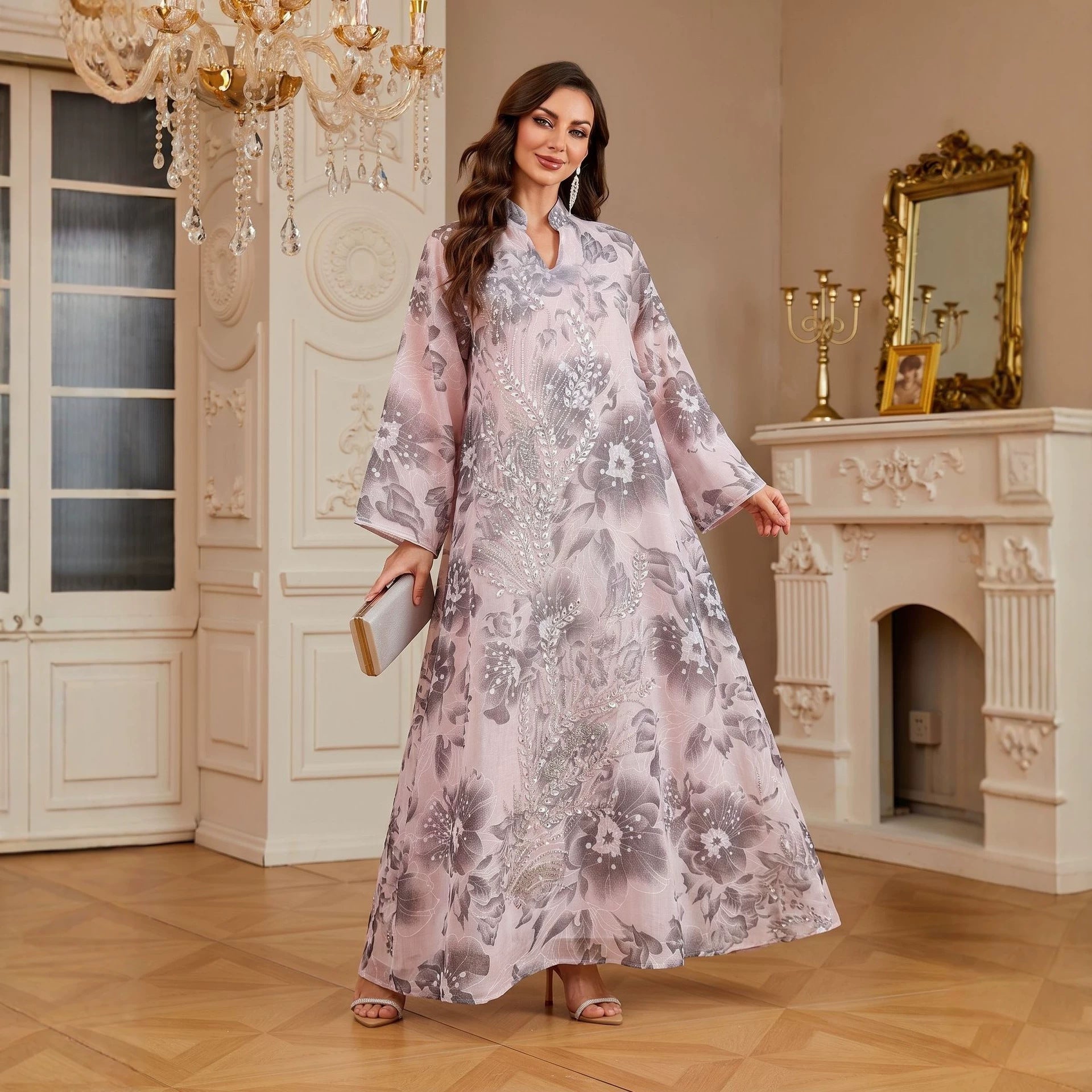 Beaded Sequin Applique Ethnic Pattern Gown Jalabiya Modest Loose Long Maxi Dress for Muslim Women Eid Ramadan M-XXL