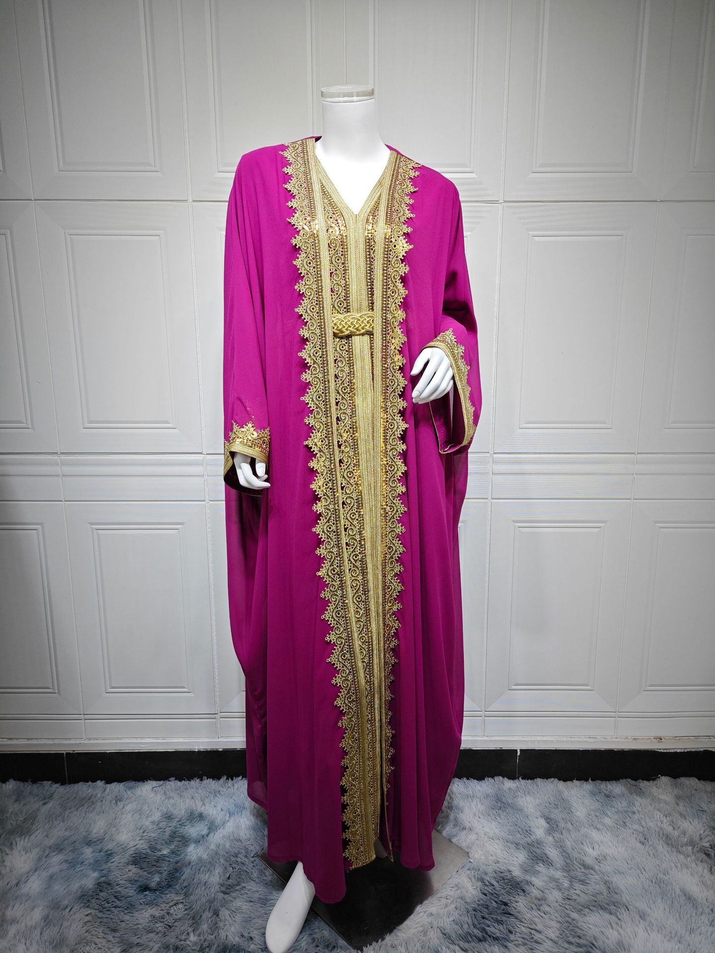 Sky Blue Navy and Rose Red Beaded Open Cardigan Maxi Dress Set with Vest