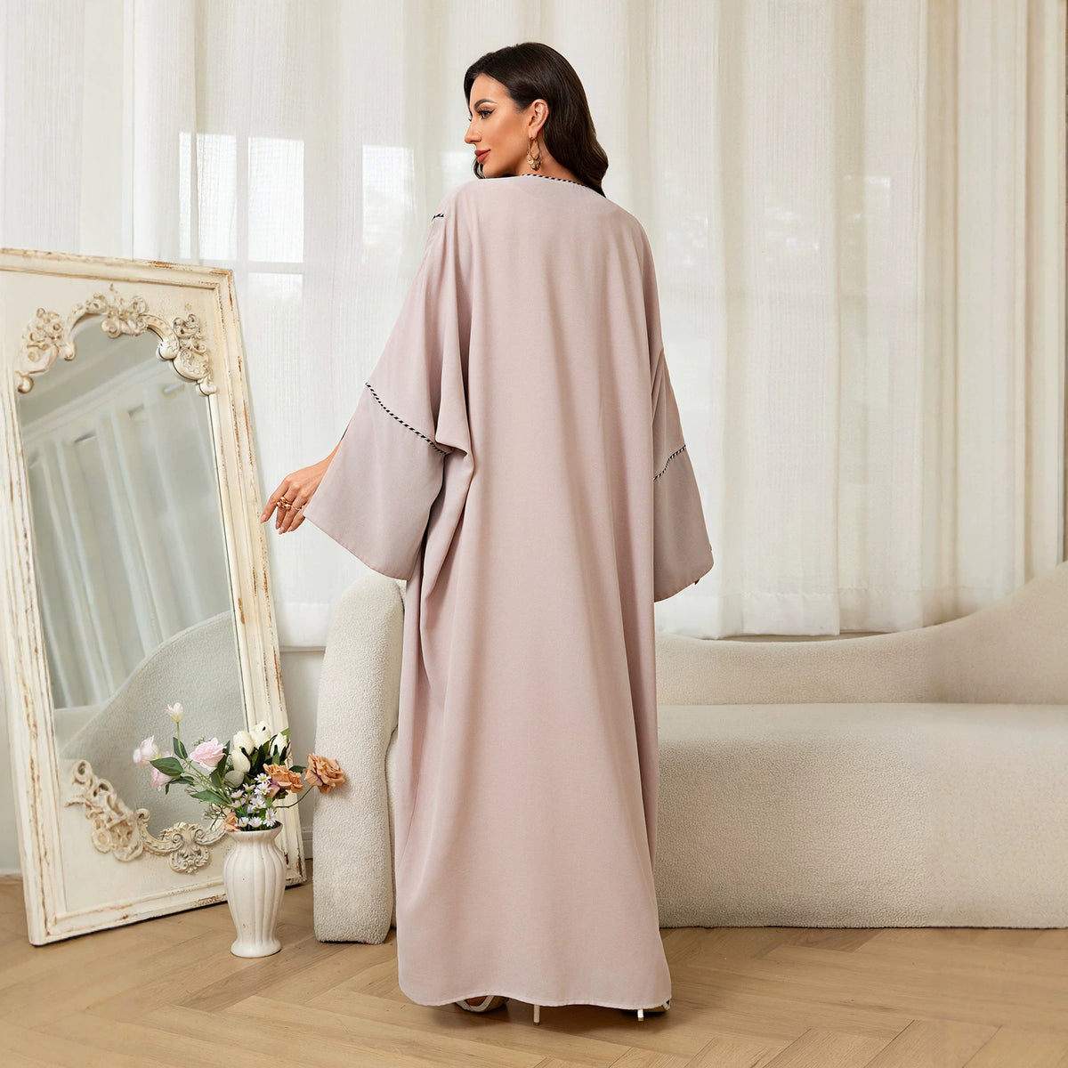Apricot Open Front Slit Sleeve Cardigan Long Robe with Belt One Size Modest Maxi Dress Muslim Abaya