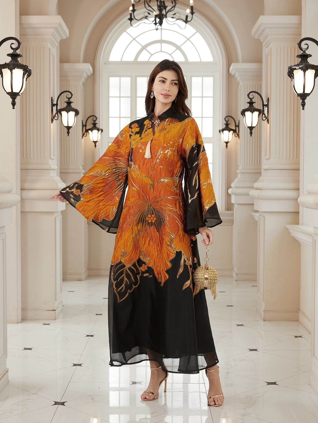 New Arrival Cross-Border Elegant Ready-to-Wear Muslim Abaya Dress with Creative Floral Art Patterns
