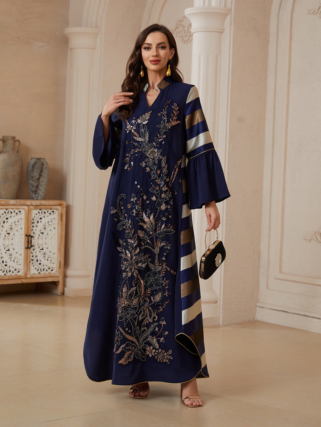 Women's 2026 New Loose Striped Dress with Heavy Sequin Splicing Design