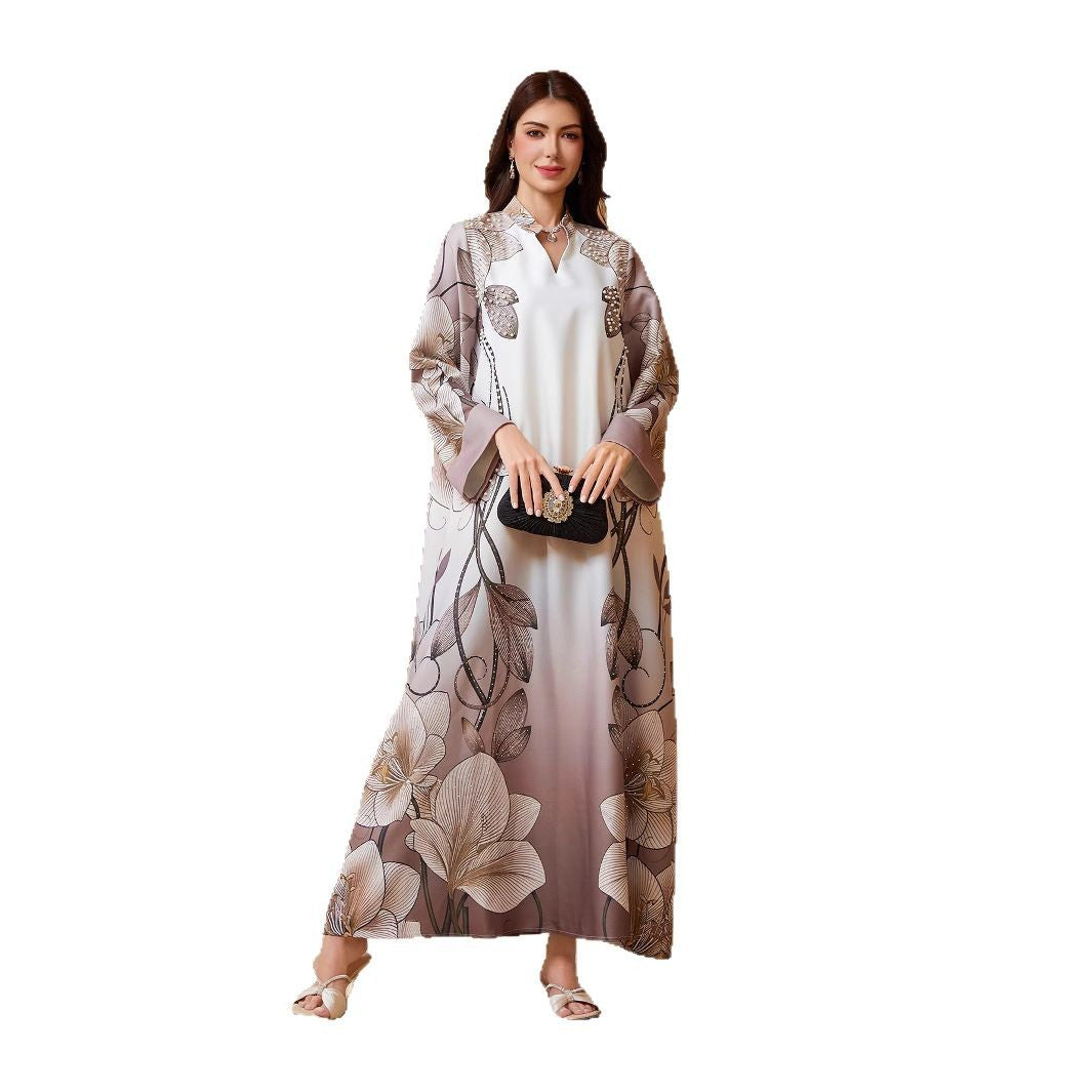 Coffee Reversed Sleeve Rhinestone Beaded V-Neck Maxi Dress
