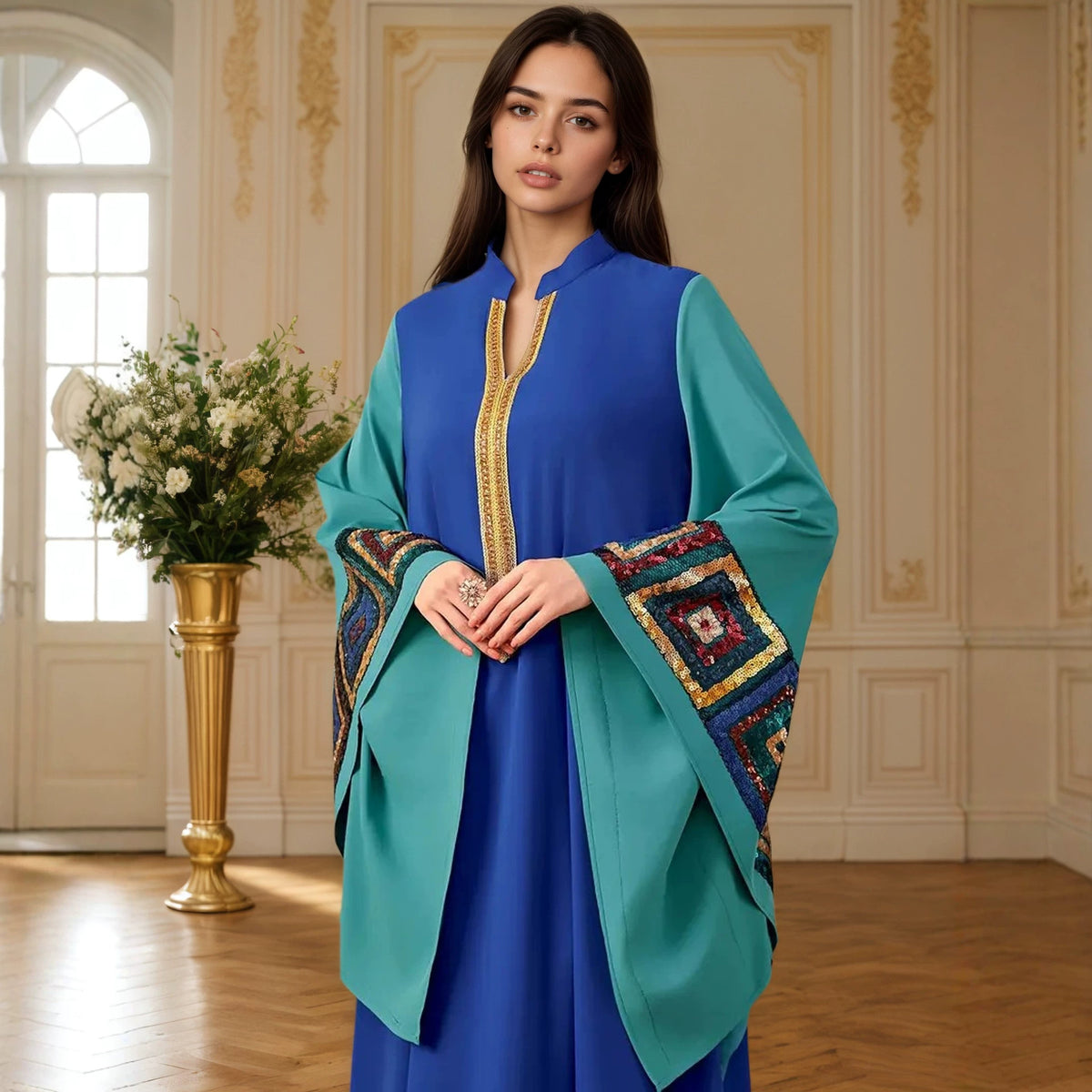Blue Color Block Sequin Embroidered Stand Collar Gown Long Maxi Dress Modest Muslim Banquet