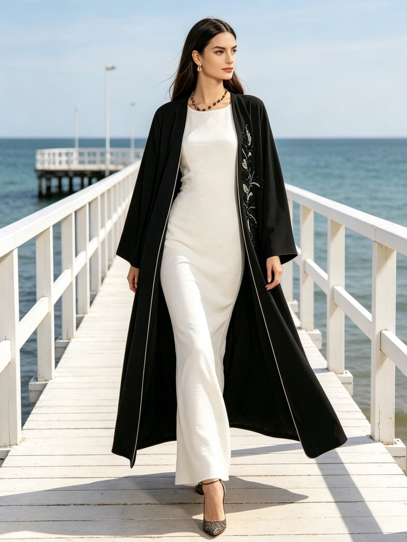 Black Beaded Embroidered Open Cardigan Maxi Abaya Jalabiya Long Dress for Muslim Women Eid Ramadan Banquet Gown S-XXL