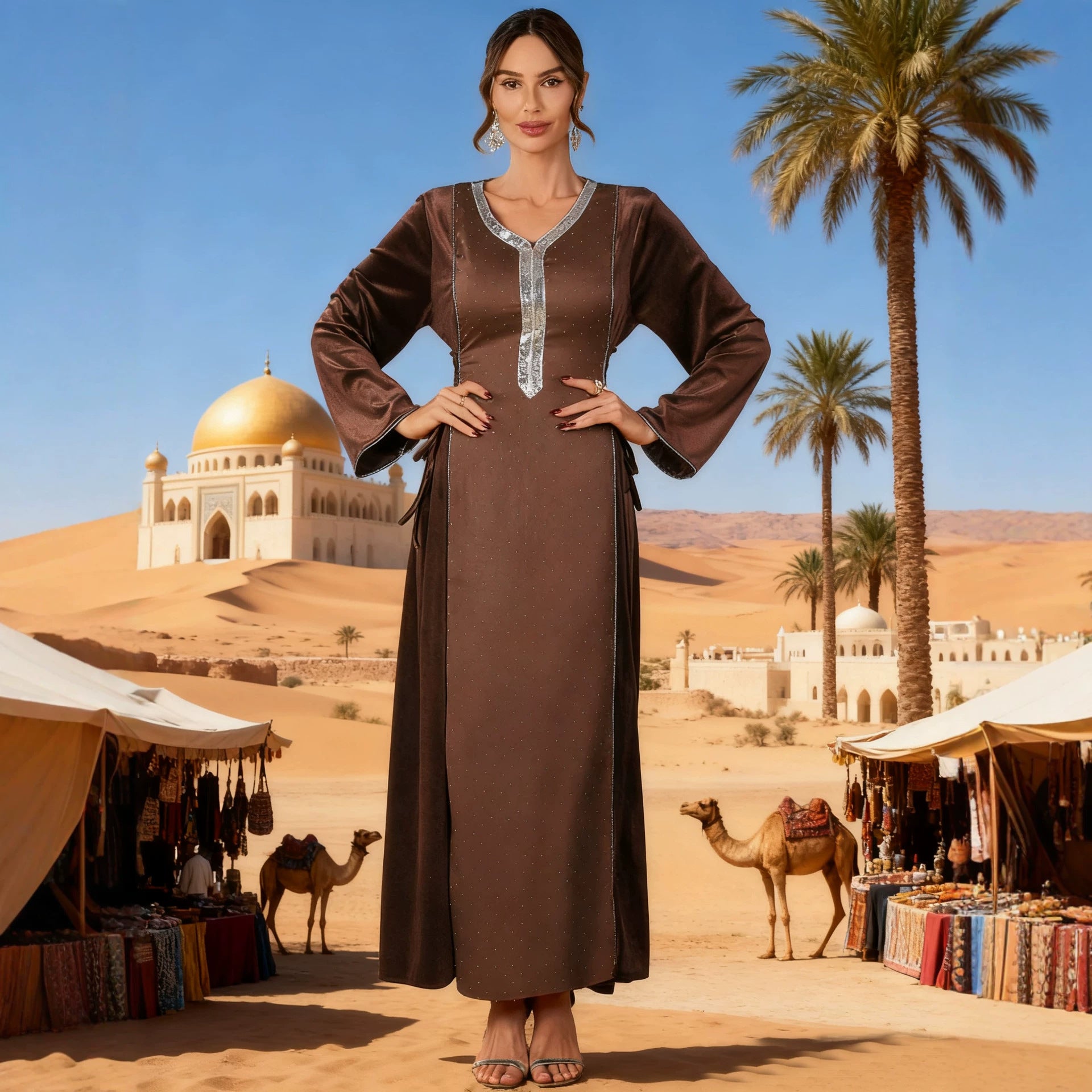 Dark Brown Wine Red and Black Rhinestone Pullover Maxi Abaya Dress Jalabiya Modest Long Dress for Eid Ramadan Evening Party Gown S-XXL