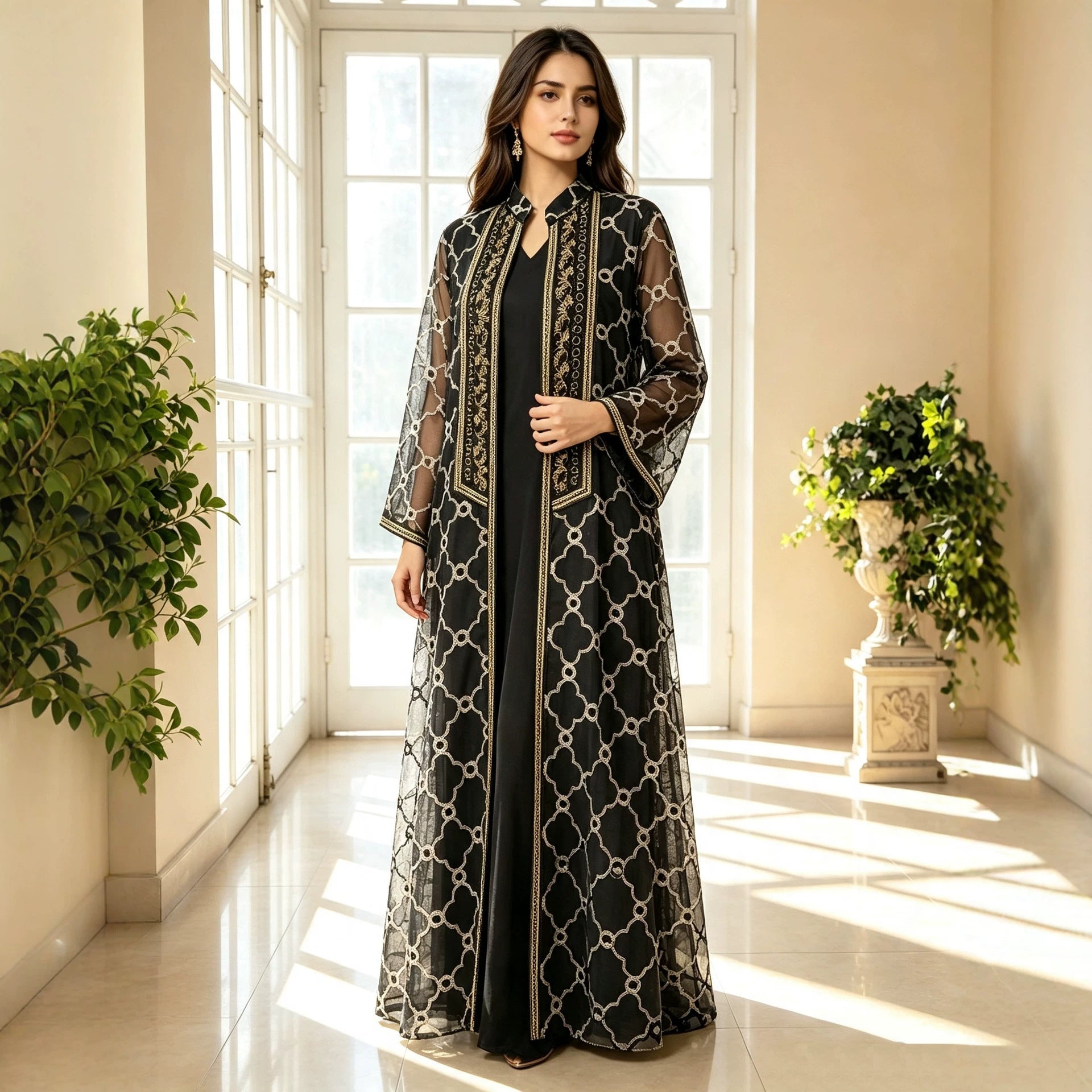 Grey and Black Heavy Embroidered Mesh Open Cardigan Two-Piece Maxi Set