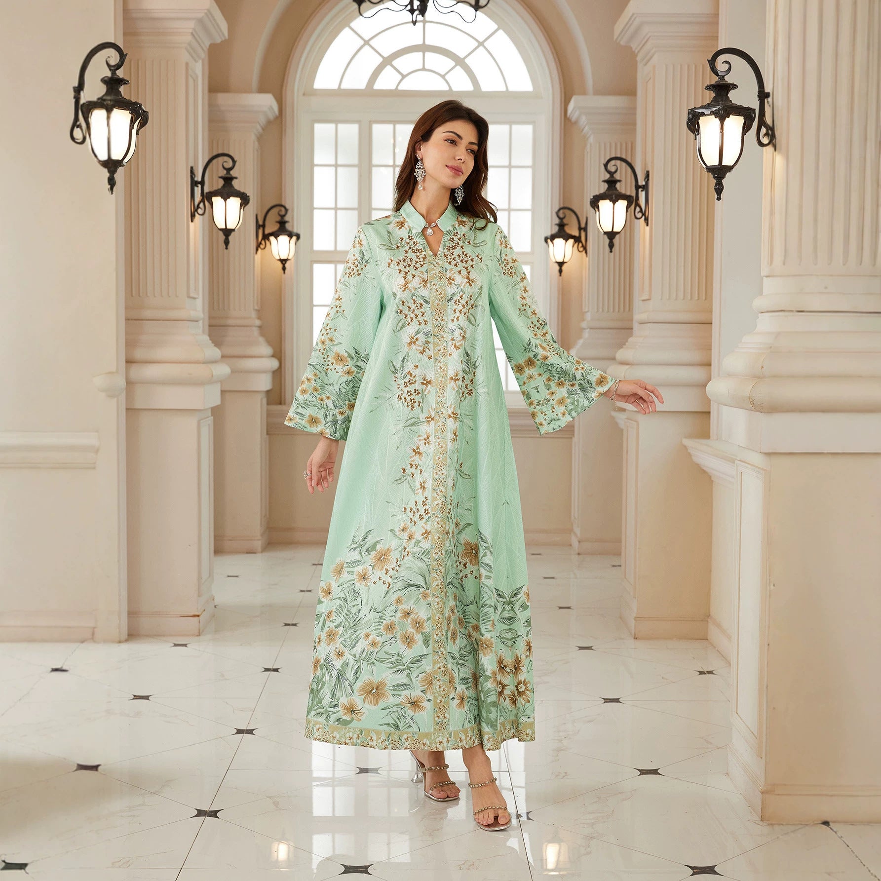 Mint Green Floral Leaf Print Stand Collar Abaya Shiny Rhinestone Embellished V Neck Loose Flare Sleeve Modest Muslim Women Full Length Kaftan For Ramadan Wedding