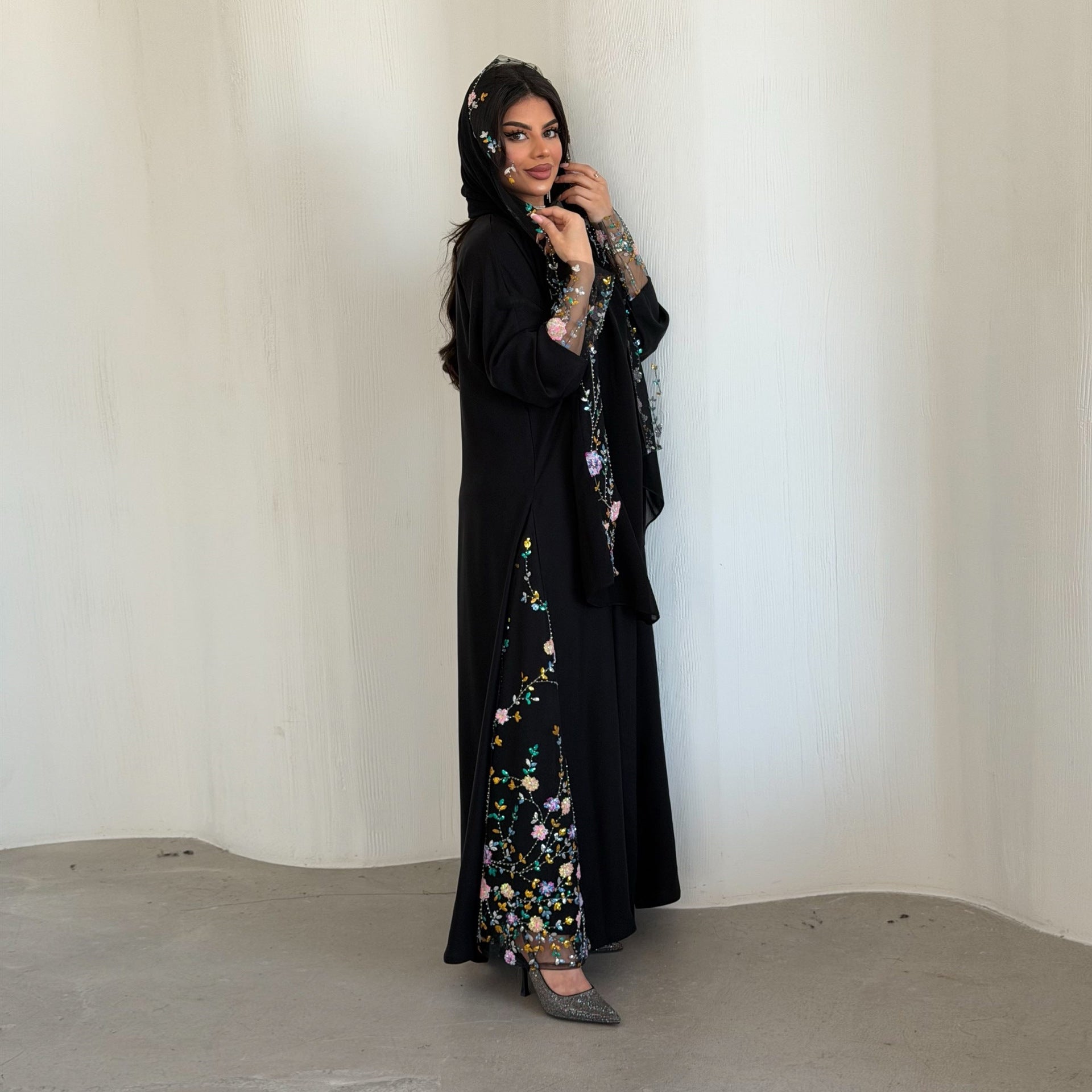 Black Floral Print Open Outerwear Long Maxi Abaya with Hijab Set