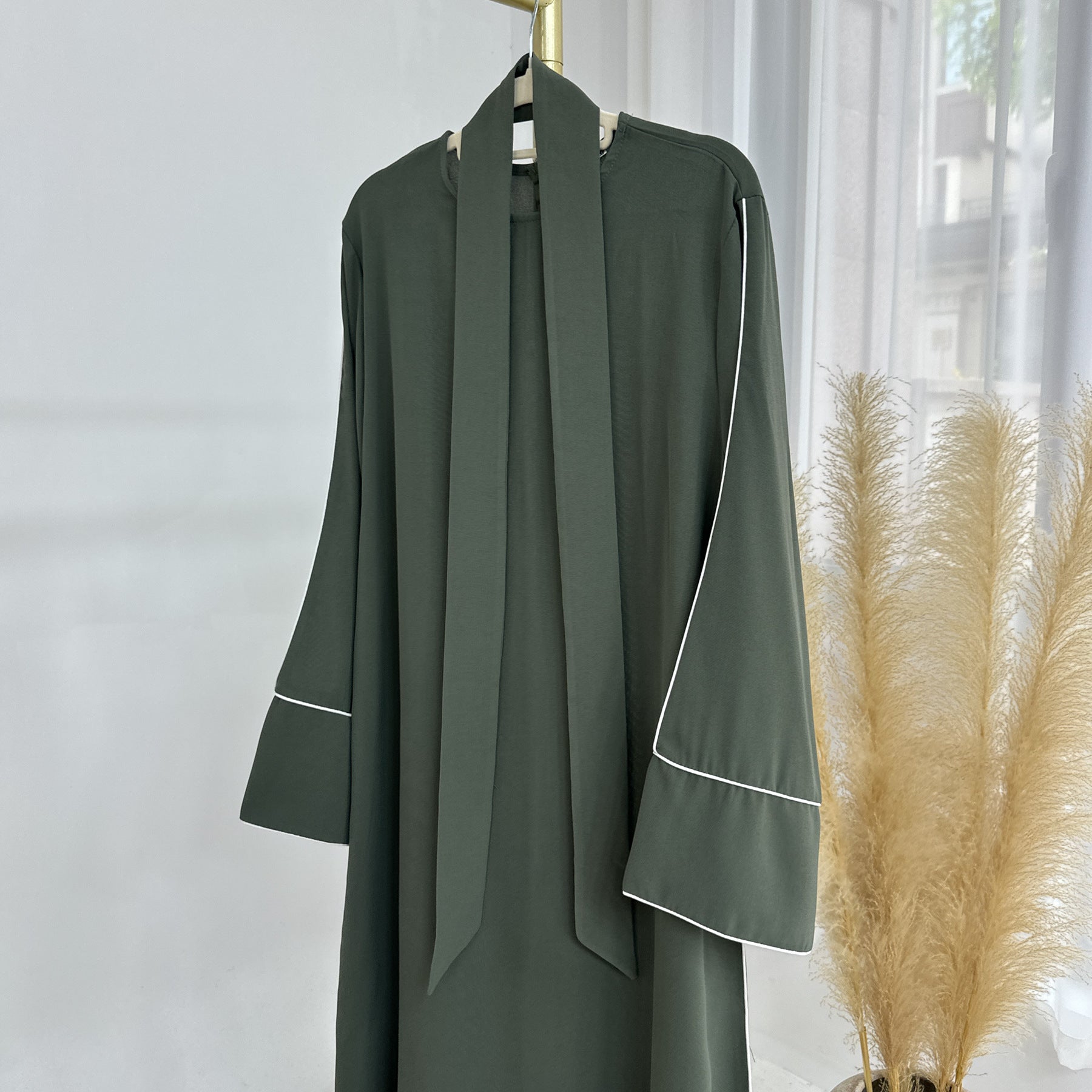 Coffee and Green Tie-Waist Maxi Abaya Dress with Belt